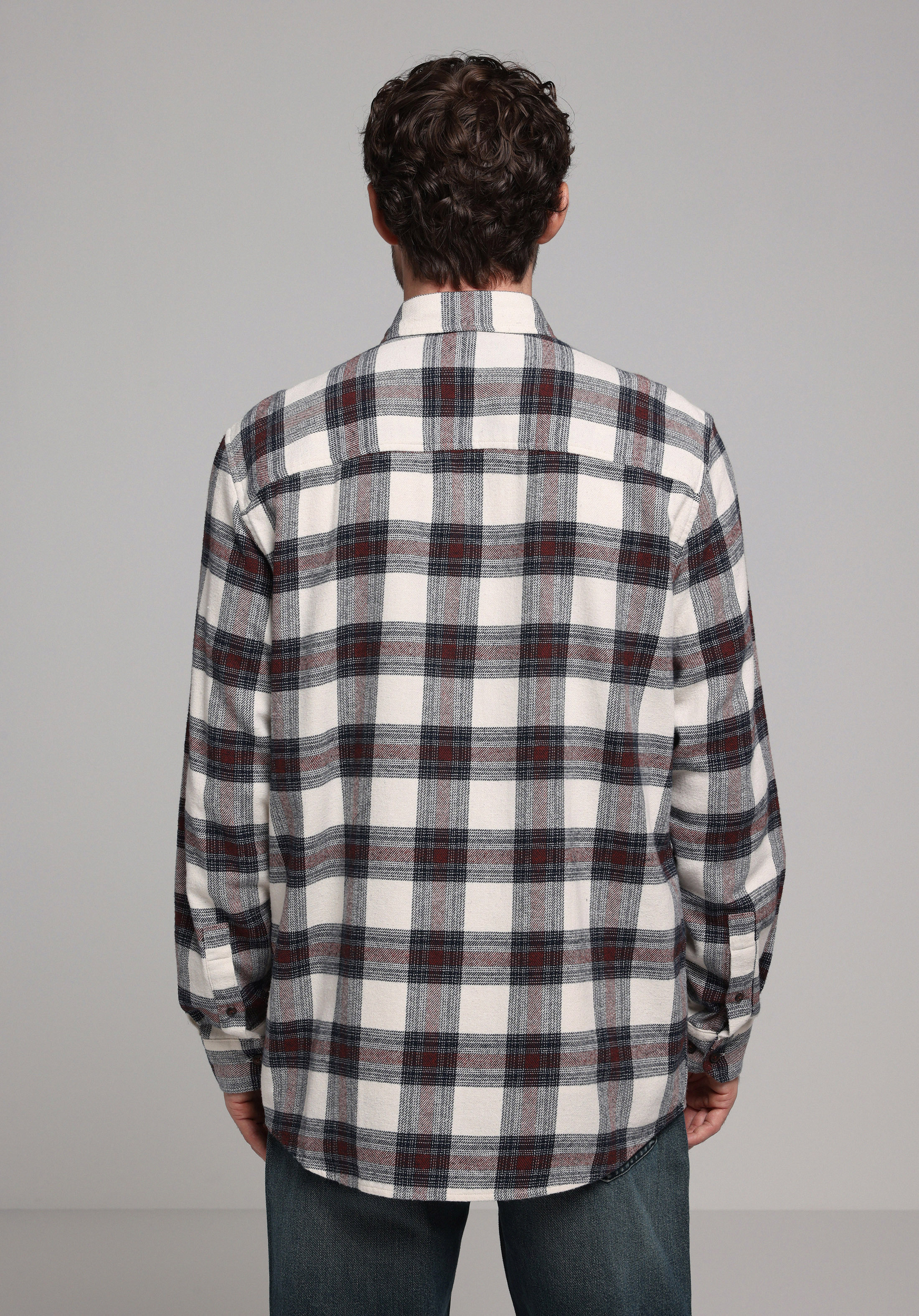 Comfort Fit Shirt Neck Ekoseli Erkek Bordo Uzun Kol Gömlek