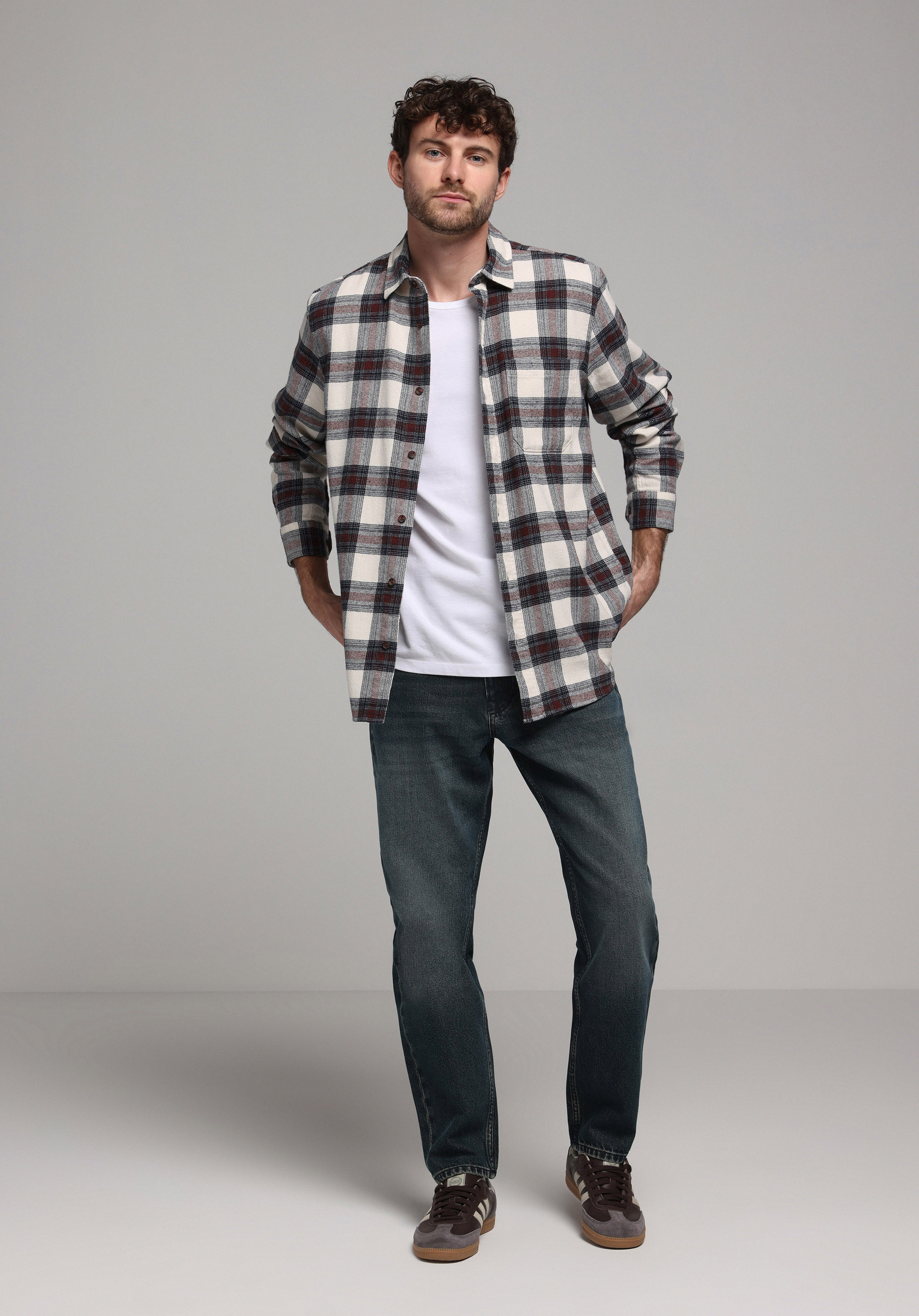 Comfort Fit Shirt Neck Ekoseli Erkek Bordo Uzun Kol Gömlek