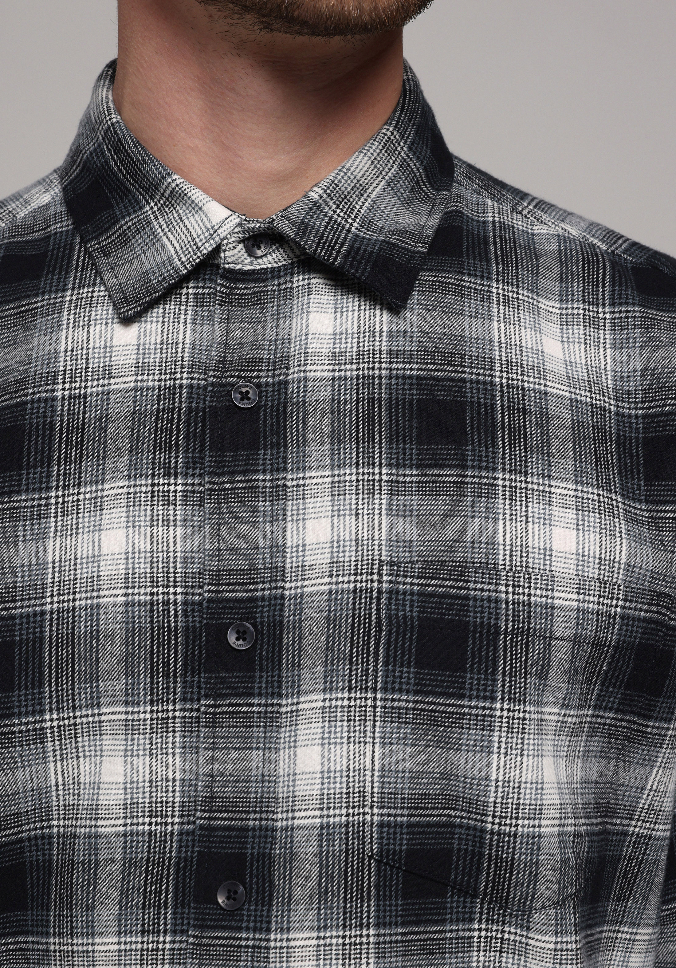 Regular Fit Shirt Neck Ekoseli Erkek Lacivert Uzun Kol Gömlek