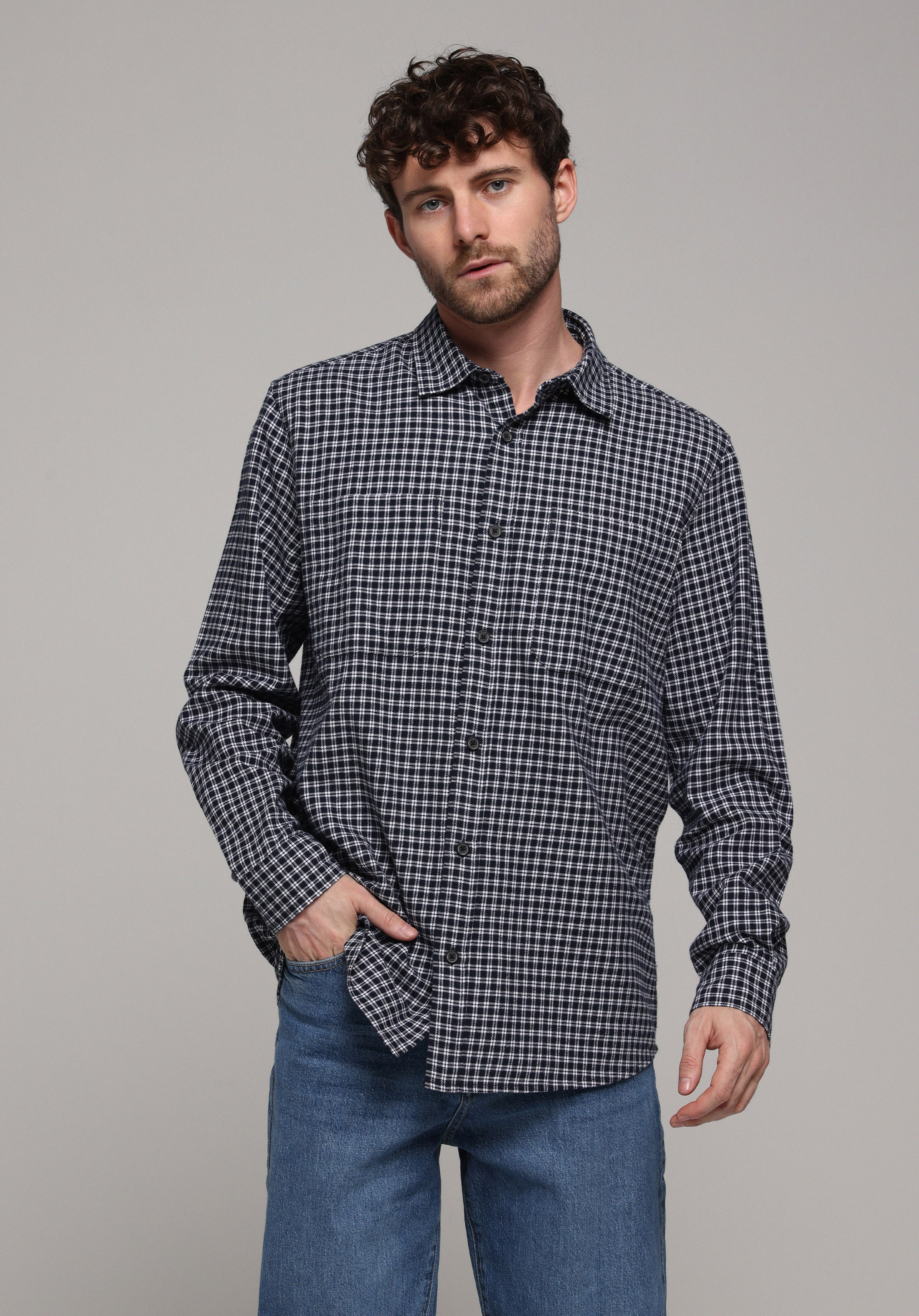 Comfort Fit Shirt Neck Ekoseli Erkek Lacivert Uzun Kol Gömlek