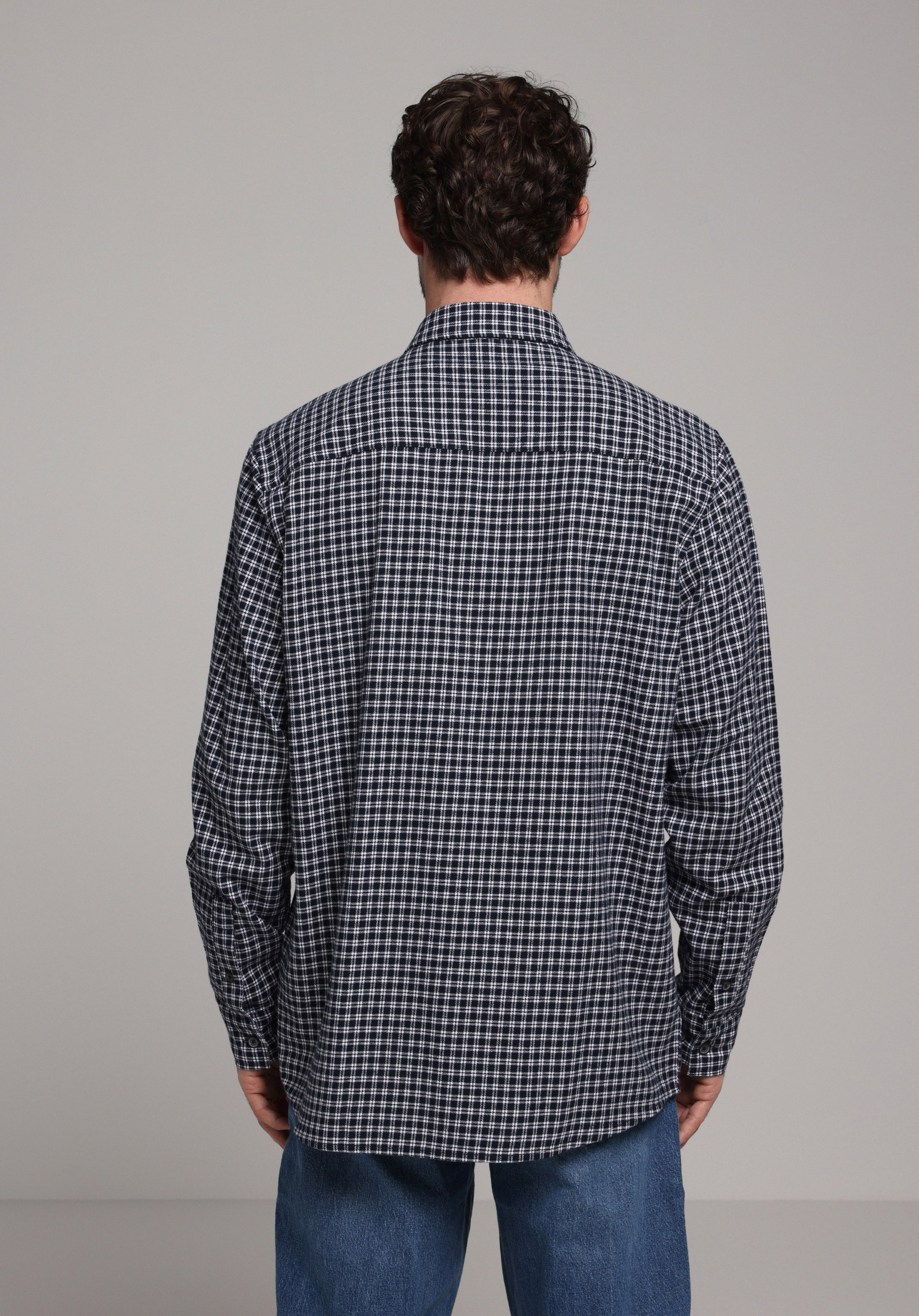 Comfort Fit Shirt Neck Ekoseli Erkek Lacivert Uzun Kol Gömlek