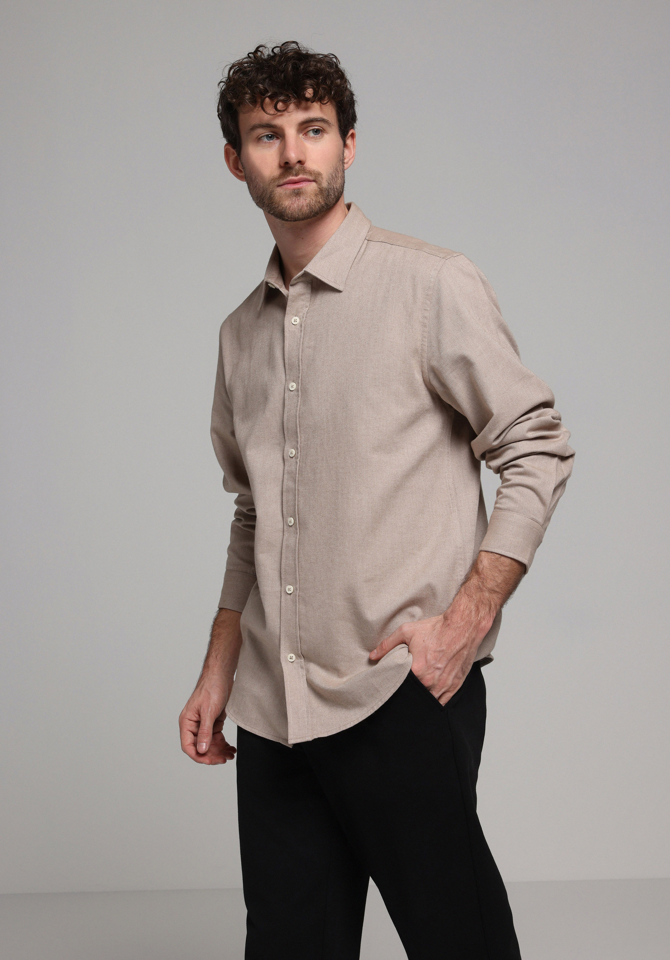 Regular Fit Shirt Neck Düz Erkek Bej Uzun Kol Gömlek