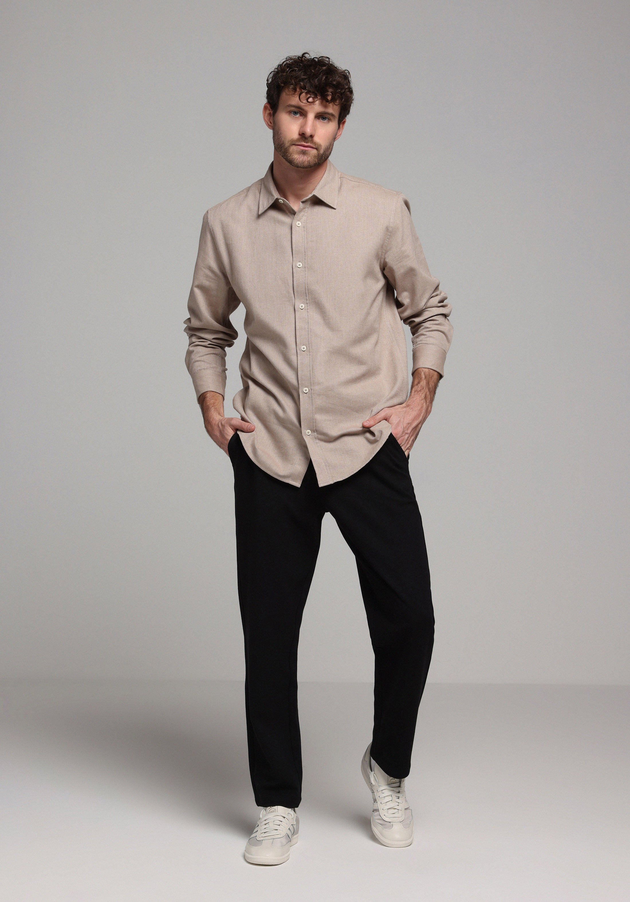 Regular Fit Shirt Neck Düz Erkek Bej Uzun Kol Gömlek