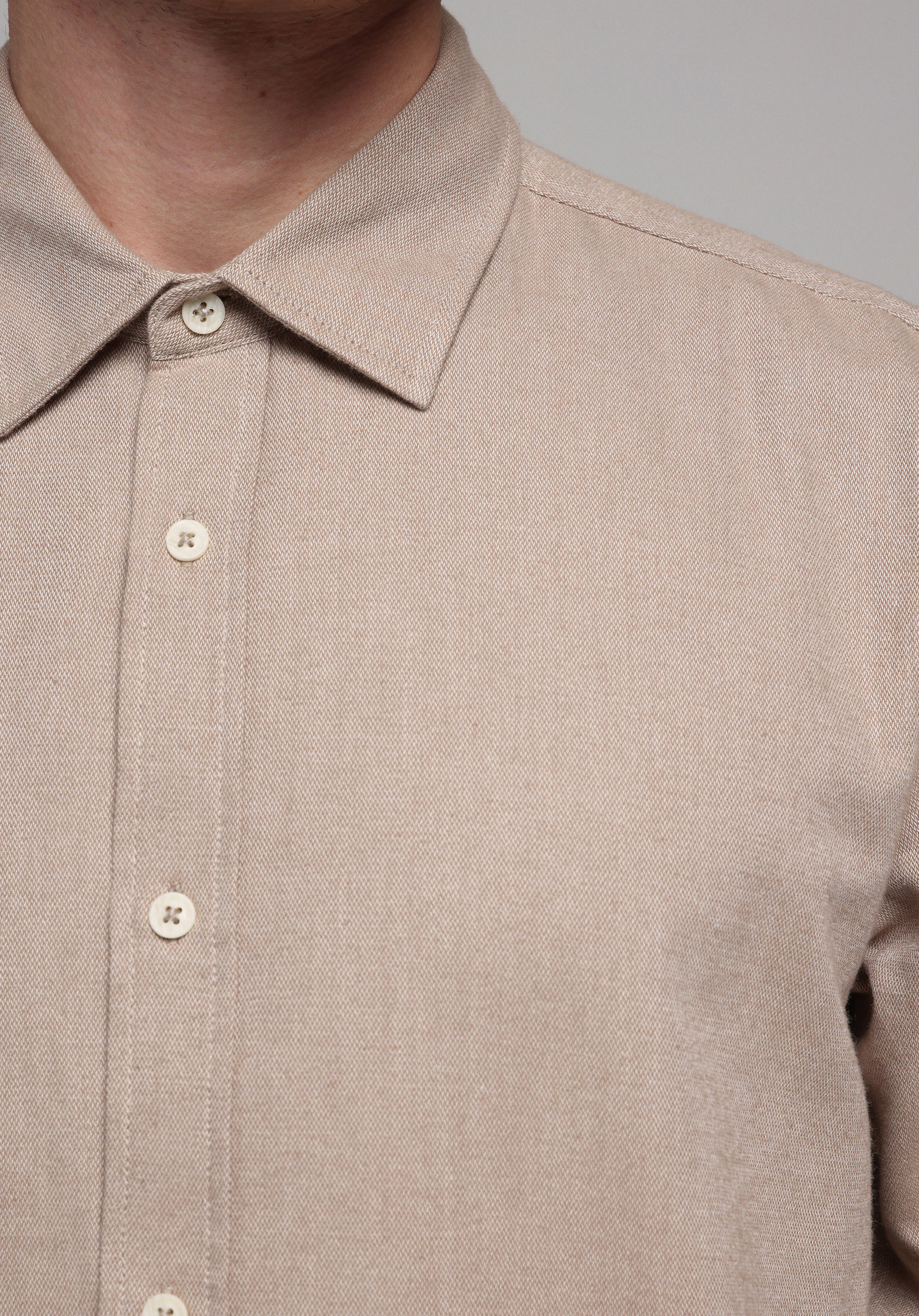 Regular Fit Shirt Neck Düz Erkek Bej Uzun Kol Gömlek