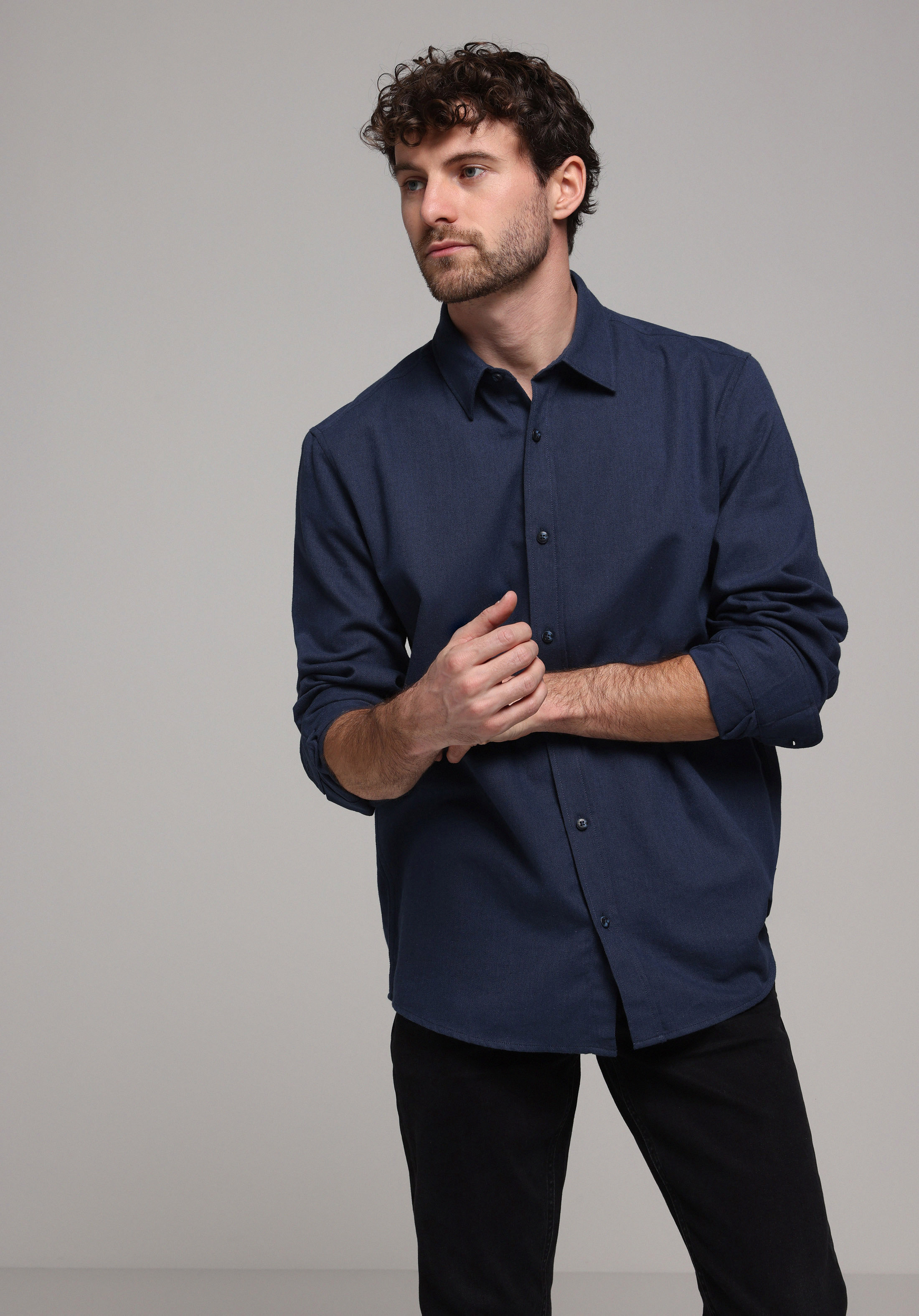 Regular Fit Shirt Neck Düz Erkek Lacivert Uzun Kol Gömlek