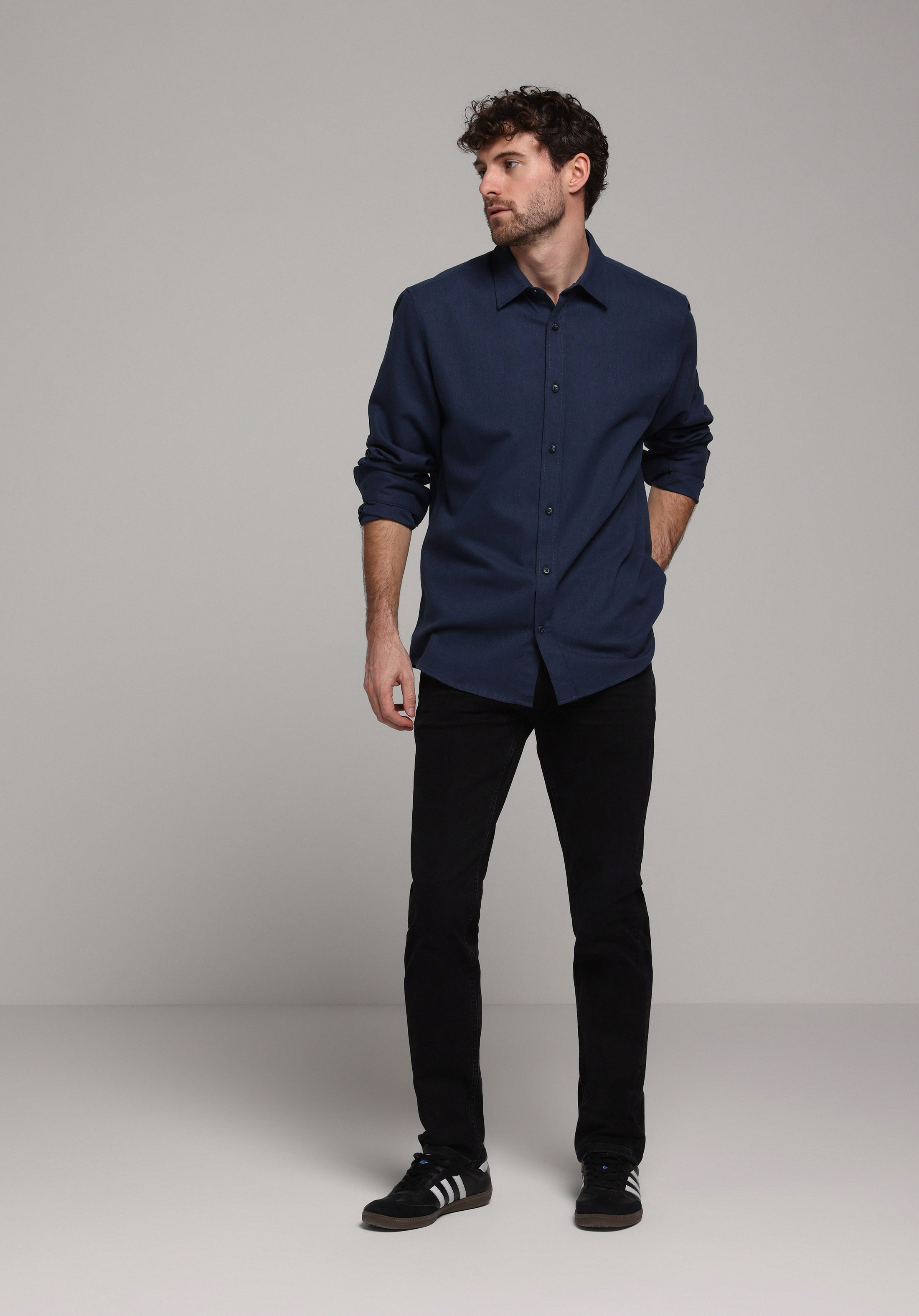 Regular Fit Shirt Neck Düz Erkek Lacivert Uzun Kol Gömlek