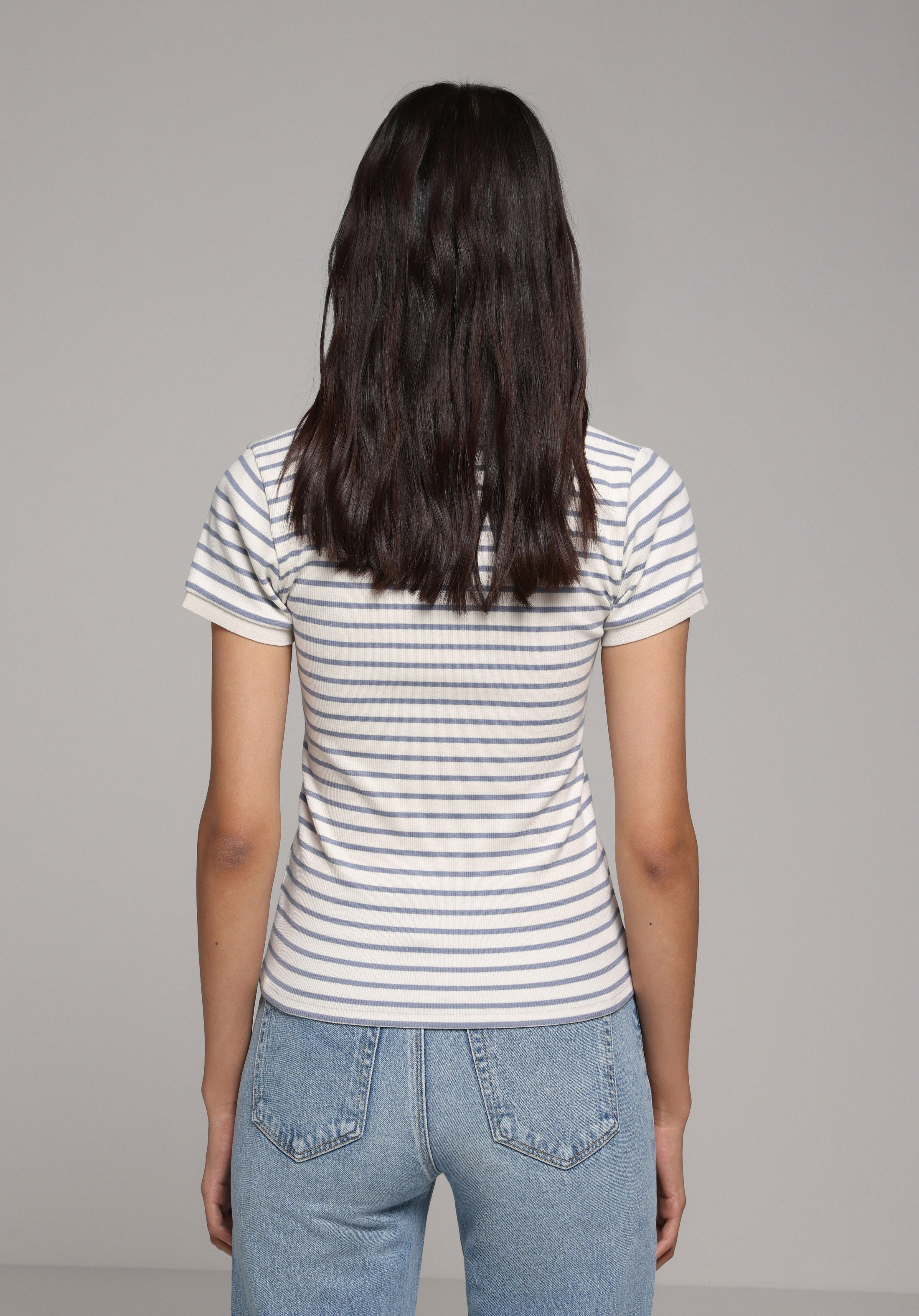 Slim Fit Polo Yaka Çizgili Kadın Mavi Kısa Kol Tişört