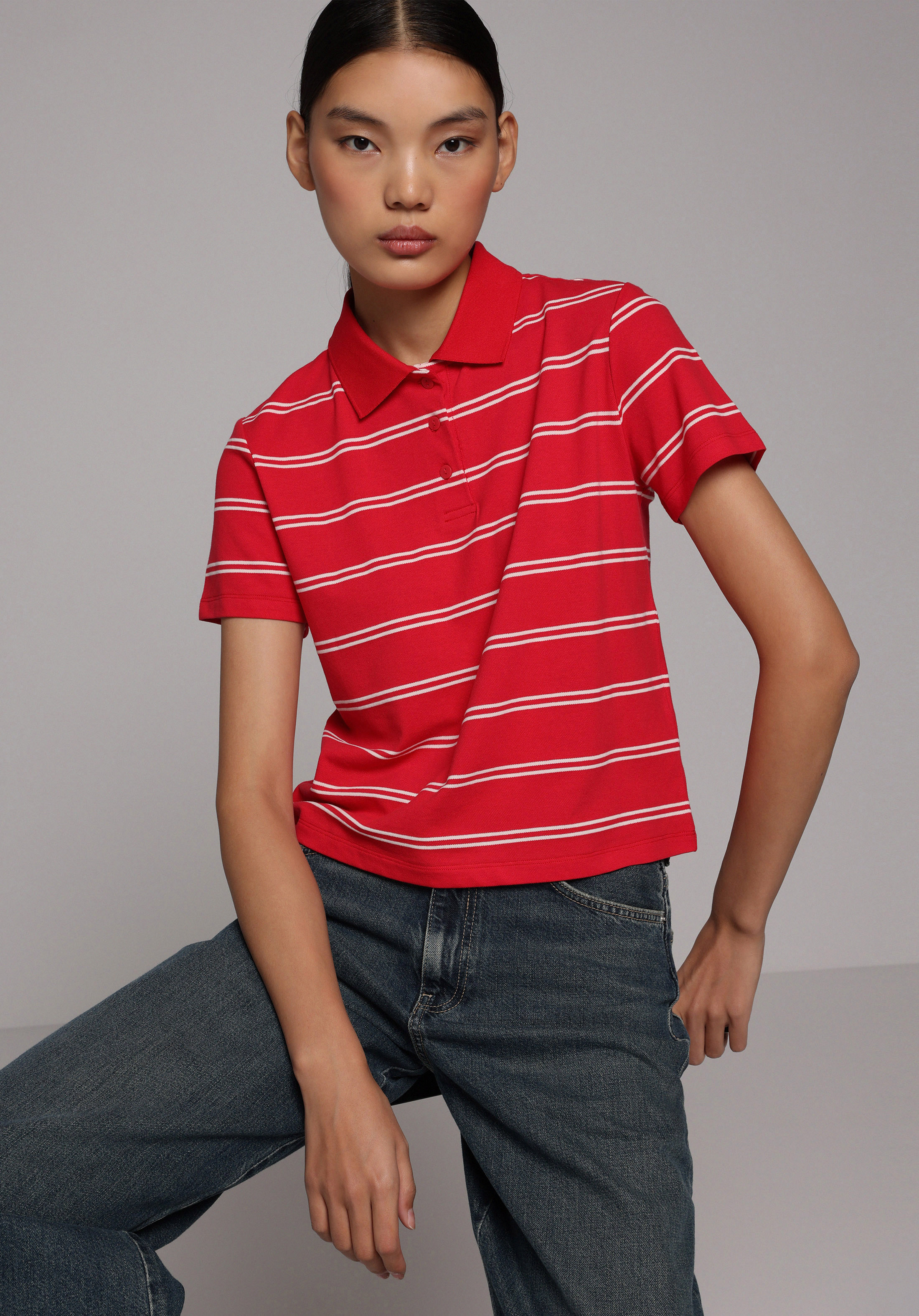 Regular Fit Yuvarlak Yaka Çizgili Kadın Kirmizi Kısa Kol Tişört
