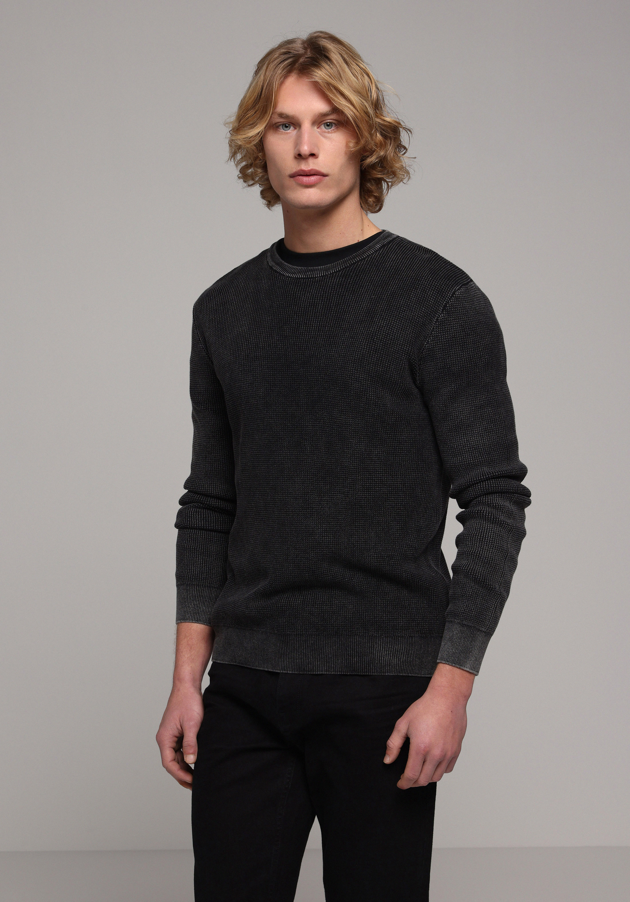 Regular Fit Yuvarlak Yaka Jakarlı Erkek Antrasit Kazak