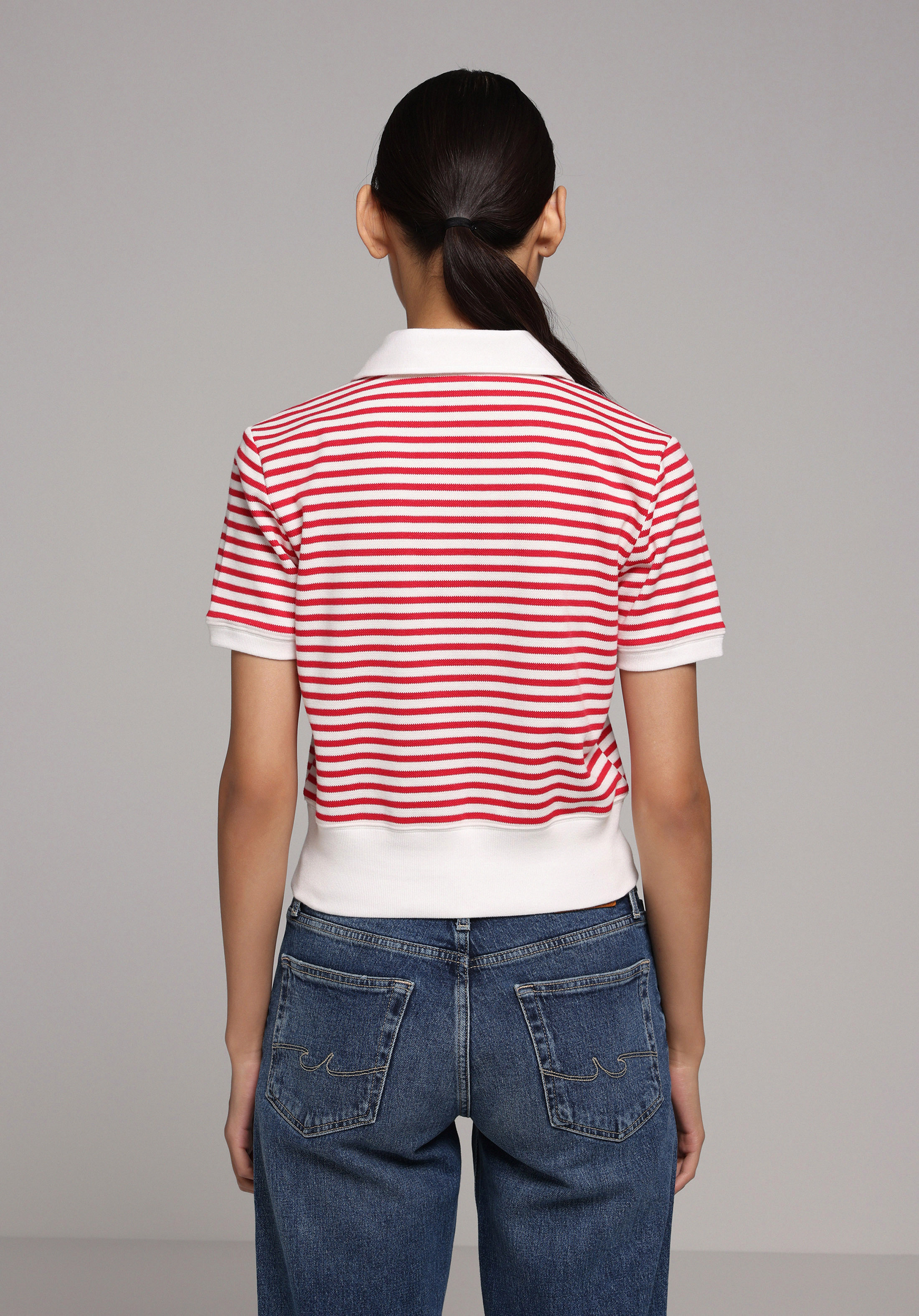 Slim Fit Polo Yaka Çizgili Kadın Kirmizi Kısa Kol Tişört