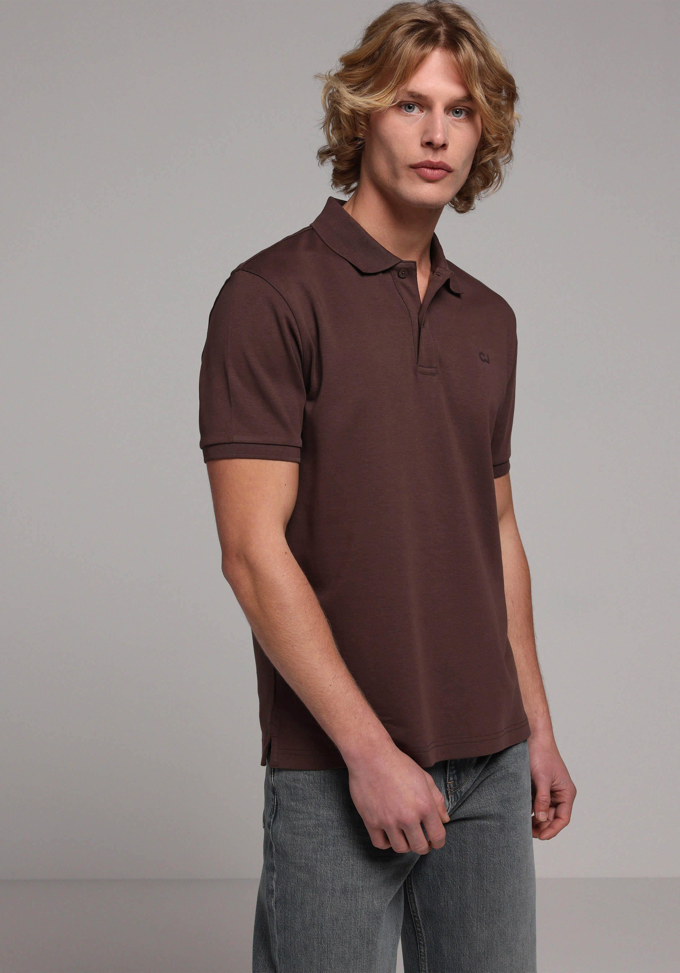 Regular Fit Polo Yaka Düz Erkek Kahverengi Kısa Kol Tişört