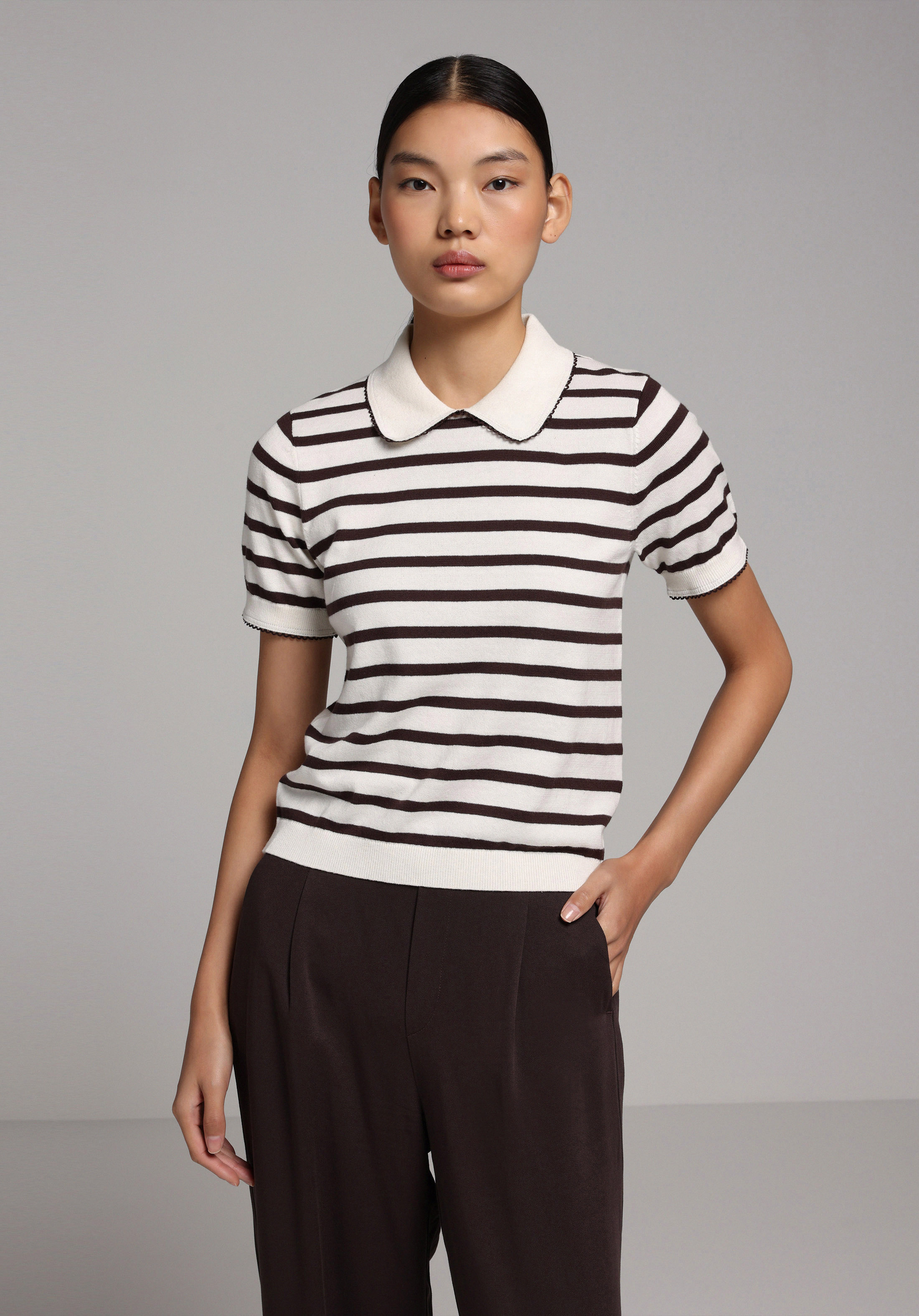 Slim Fit Polo Yaka Çizgili Kadın Kahverengi Kısa Kol Kazak