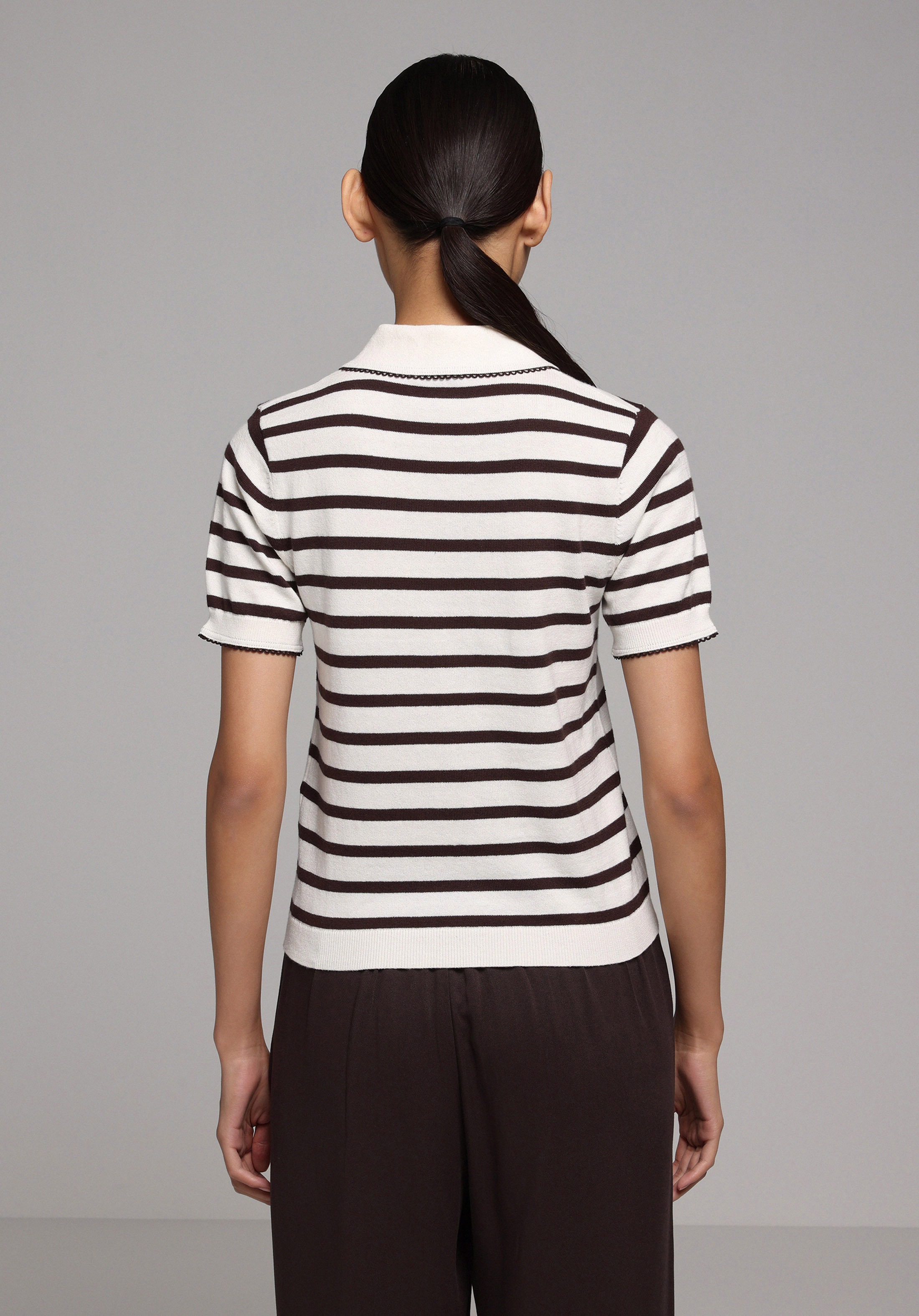 Slim Fit Polo Yaka Çizgili Kadın Kahverengi Kısa Kol Kazak