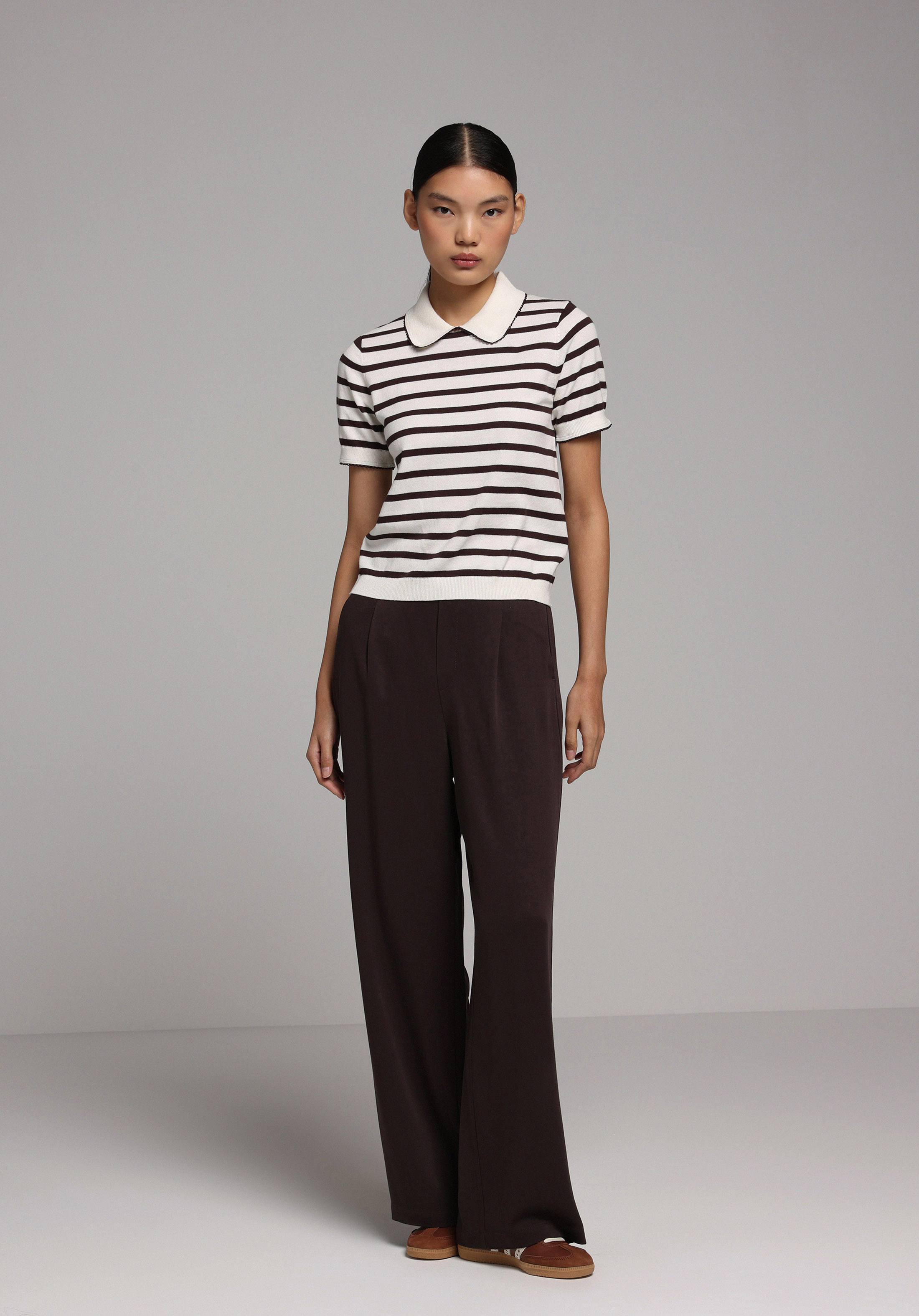 Slim Fit Polo Yaka Çizgili Kadın Kahverengi Kısa Kol Kazak