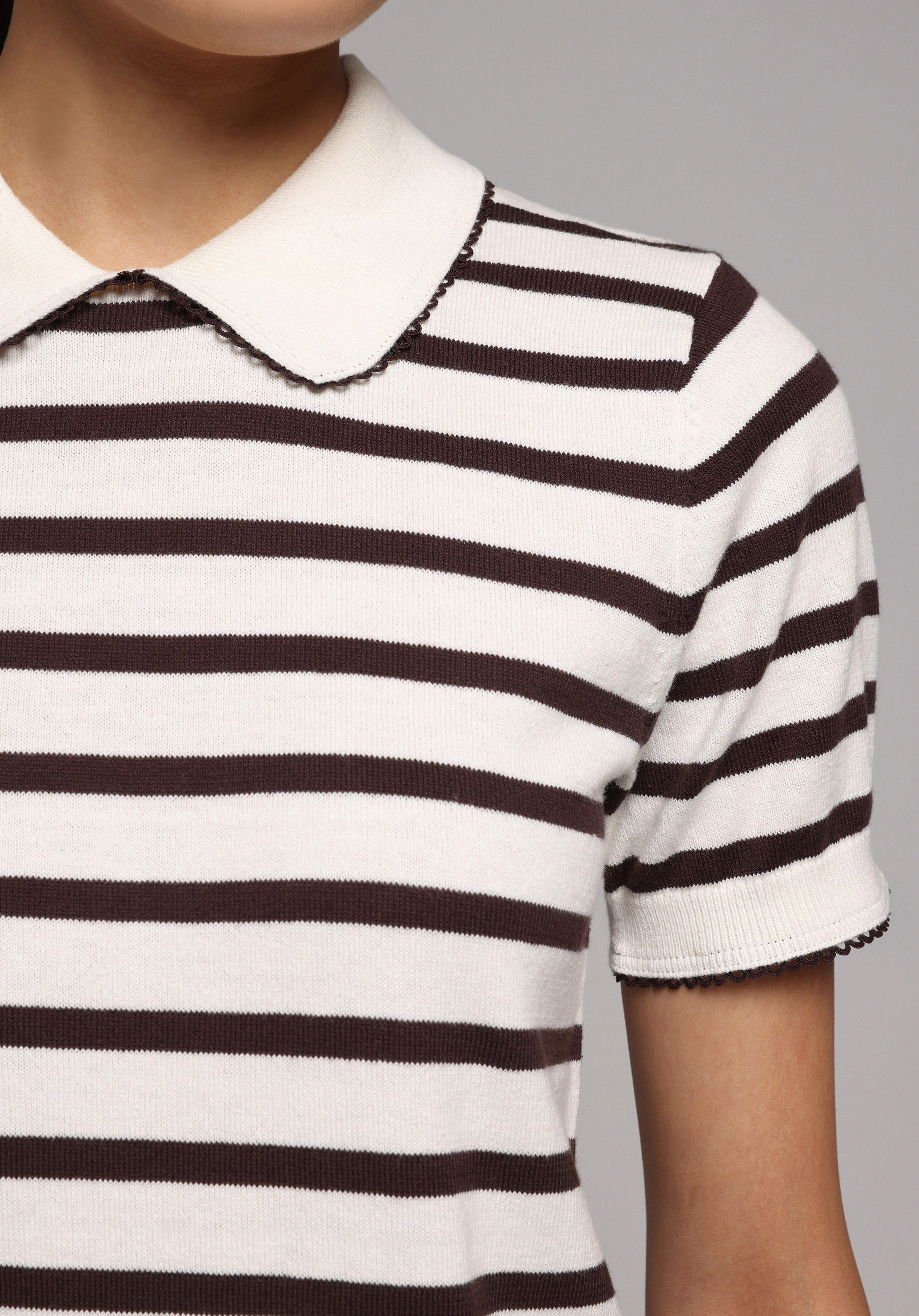 Slim Fit Polo Yaka Çizgili Kadın Kahverengi Kısa Kol Kazak