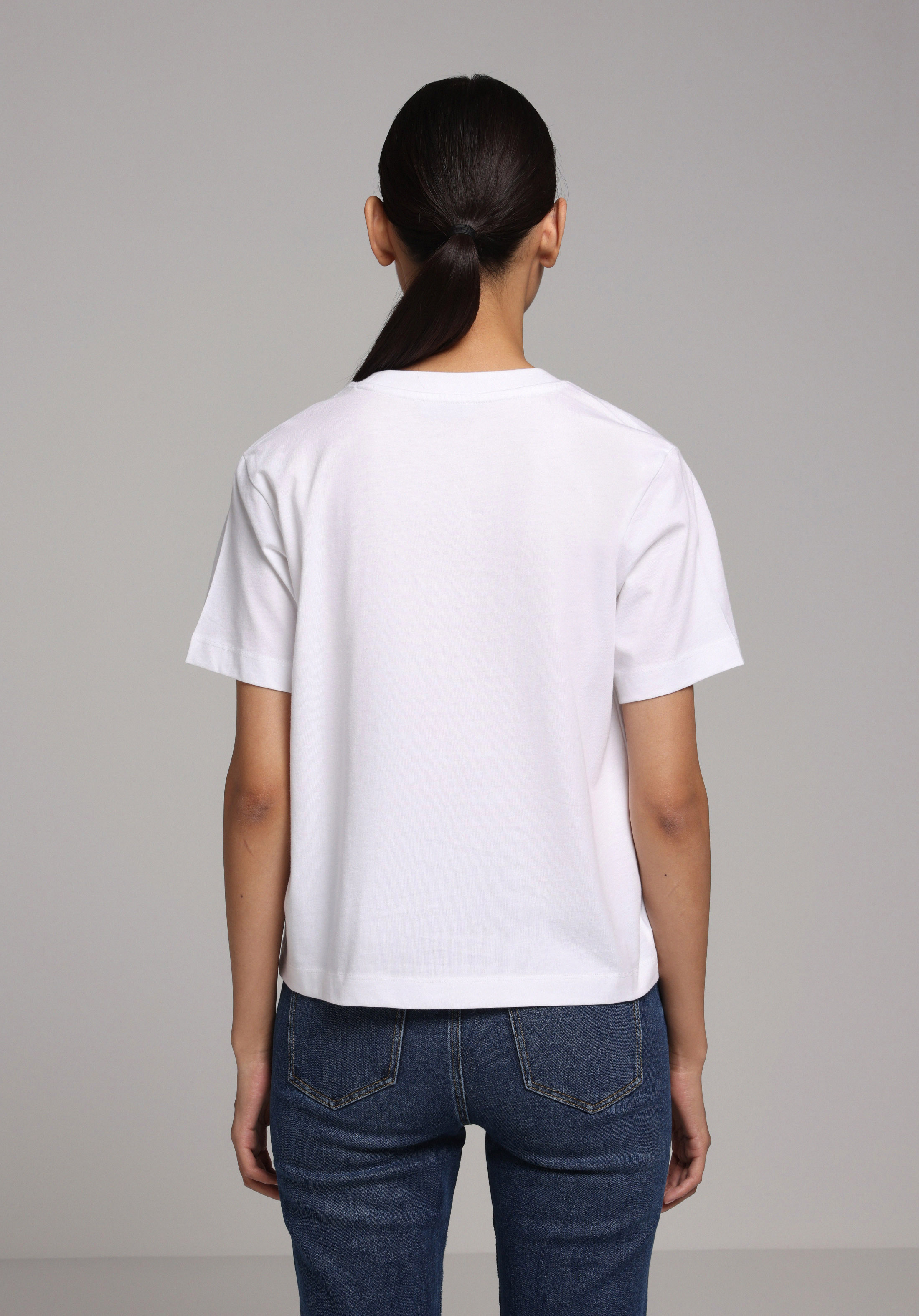 Boxy Fit Yuvarlak Yaka Baskılı Kadın Beyaz Kısa Kol Tişört