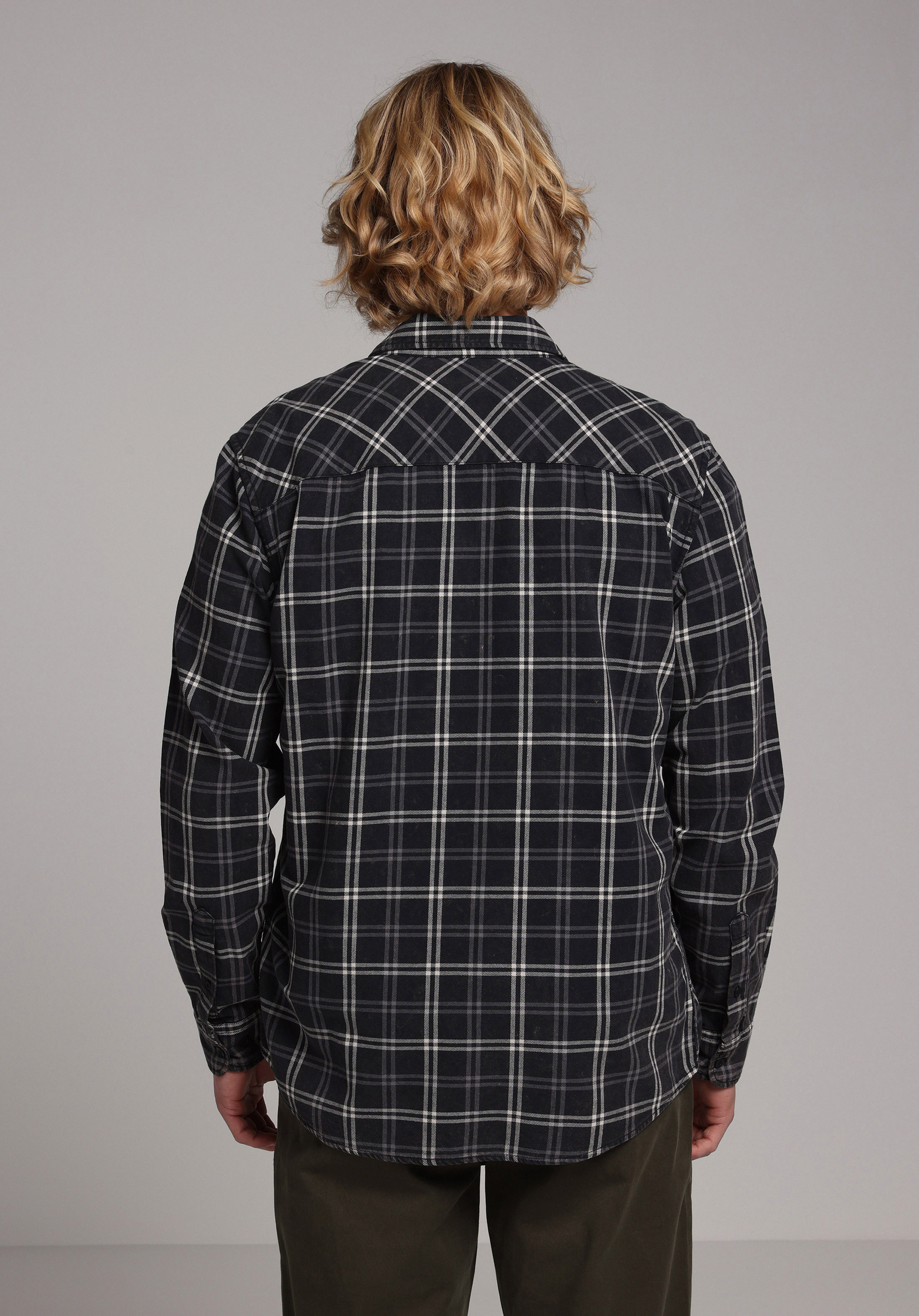 Regular Fit Shirt Neck Ekoseli Erkek Siyah Uzun Kol Gömlek