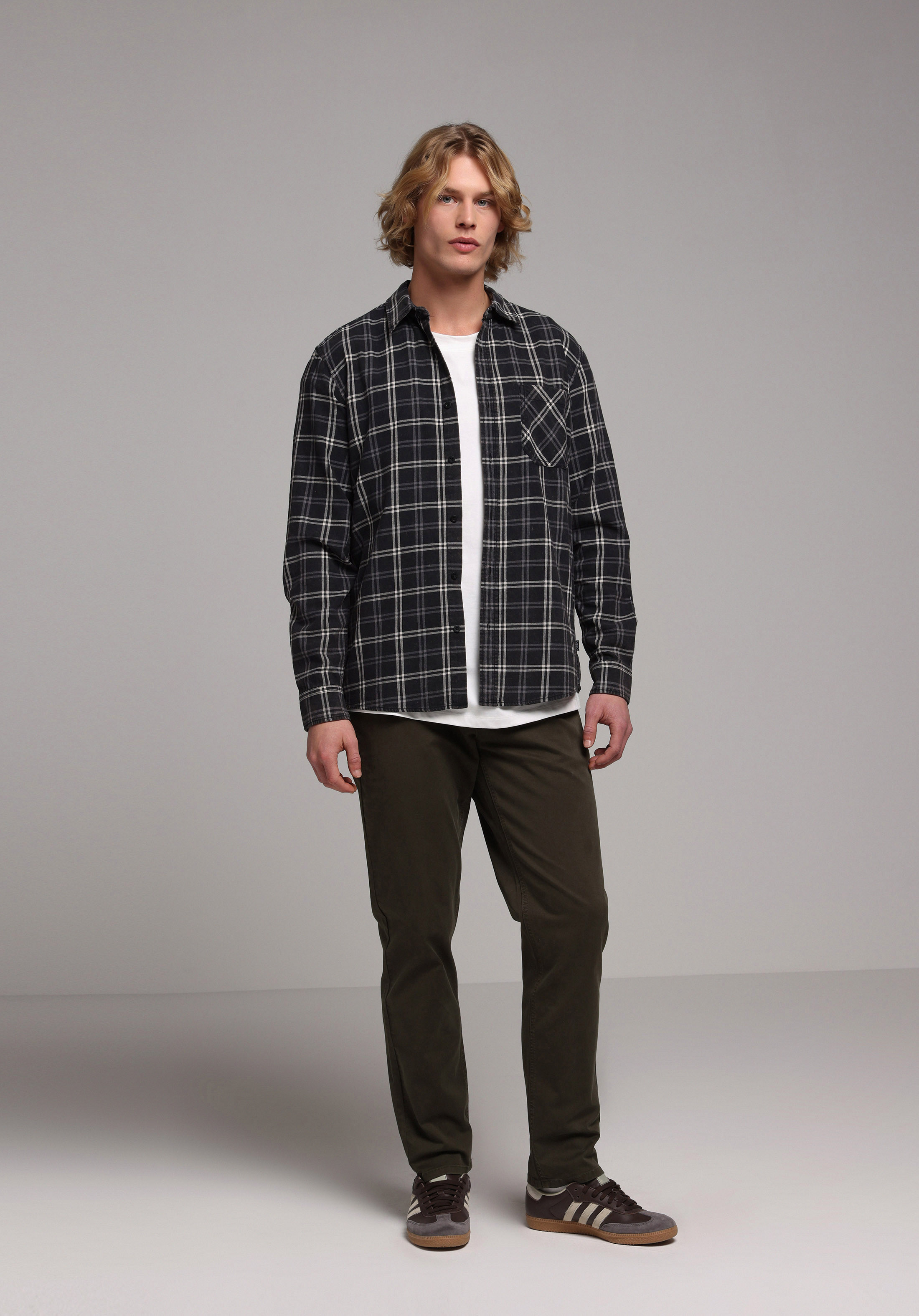 Regular Fit Shirt Neck Ekoseli Erkek Siyah Uzun Kol Gömlek