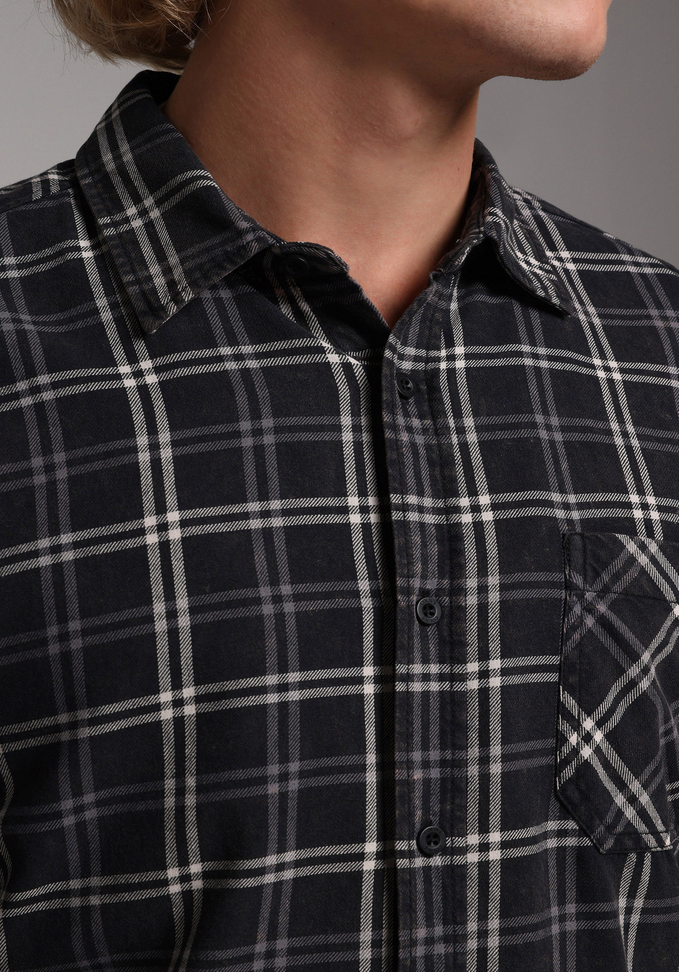 Regular Fit Shirt Neck Ekoseli Erkek Siyah Uzun Kol Gömlek