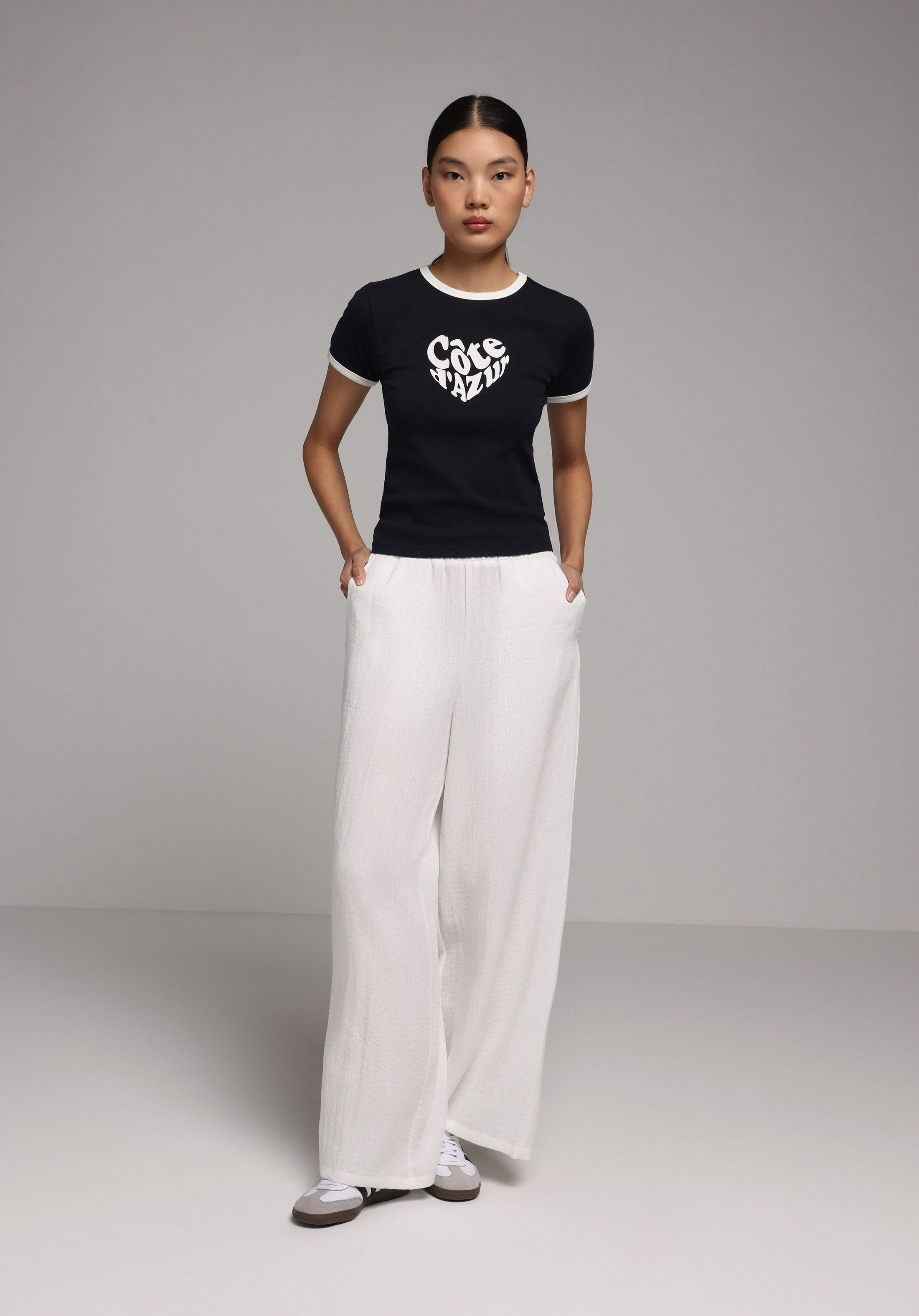 Regular Fit Yüksel Bel Geniş Paça Kadın Beyaz  Pantolon