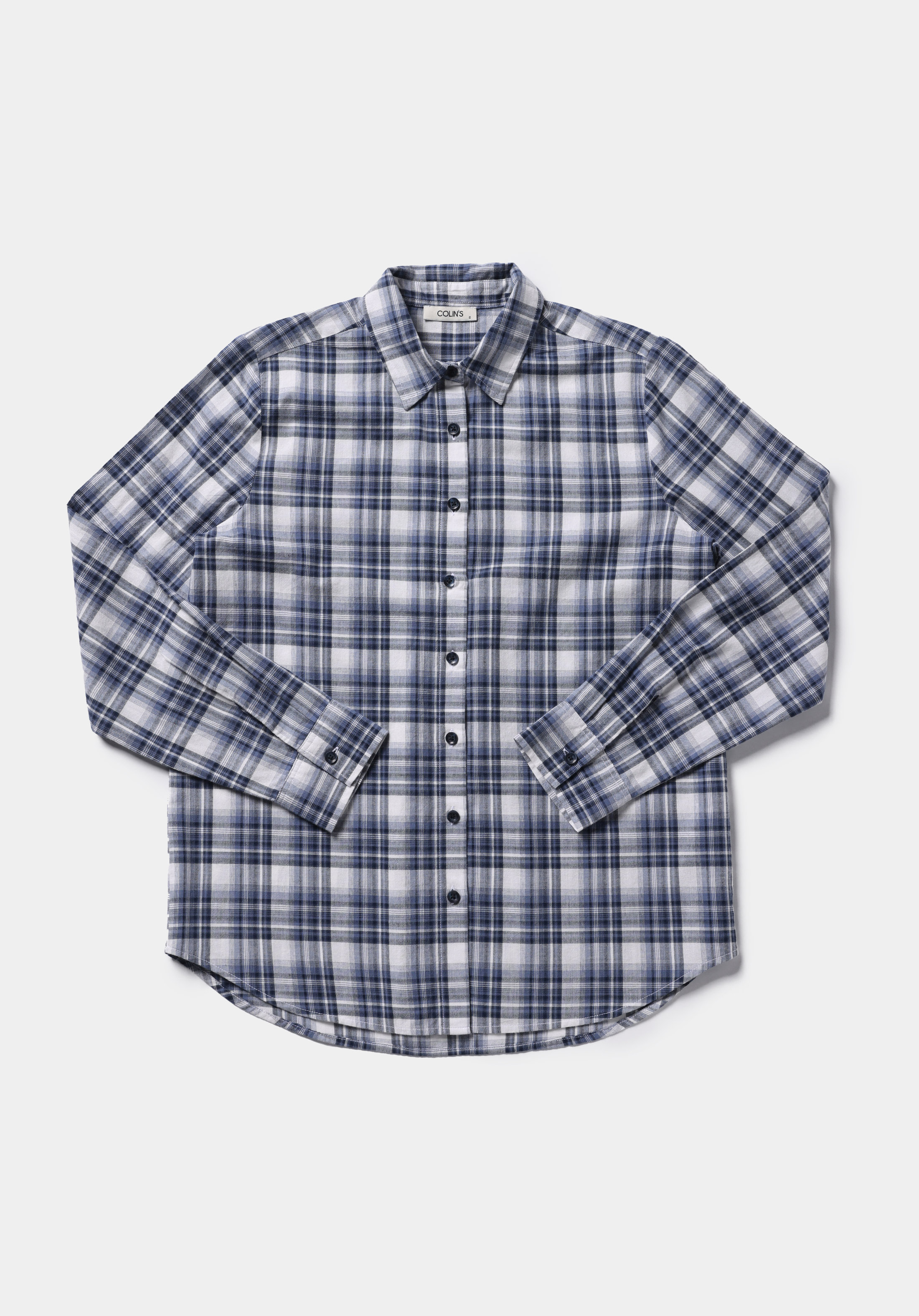 Regular Fit Shirt Neck Kareli Kadın Lacivert Uzun Kol Gömlek