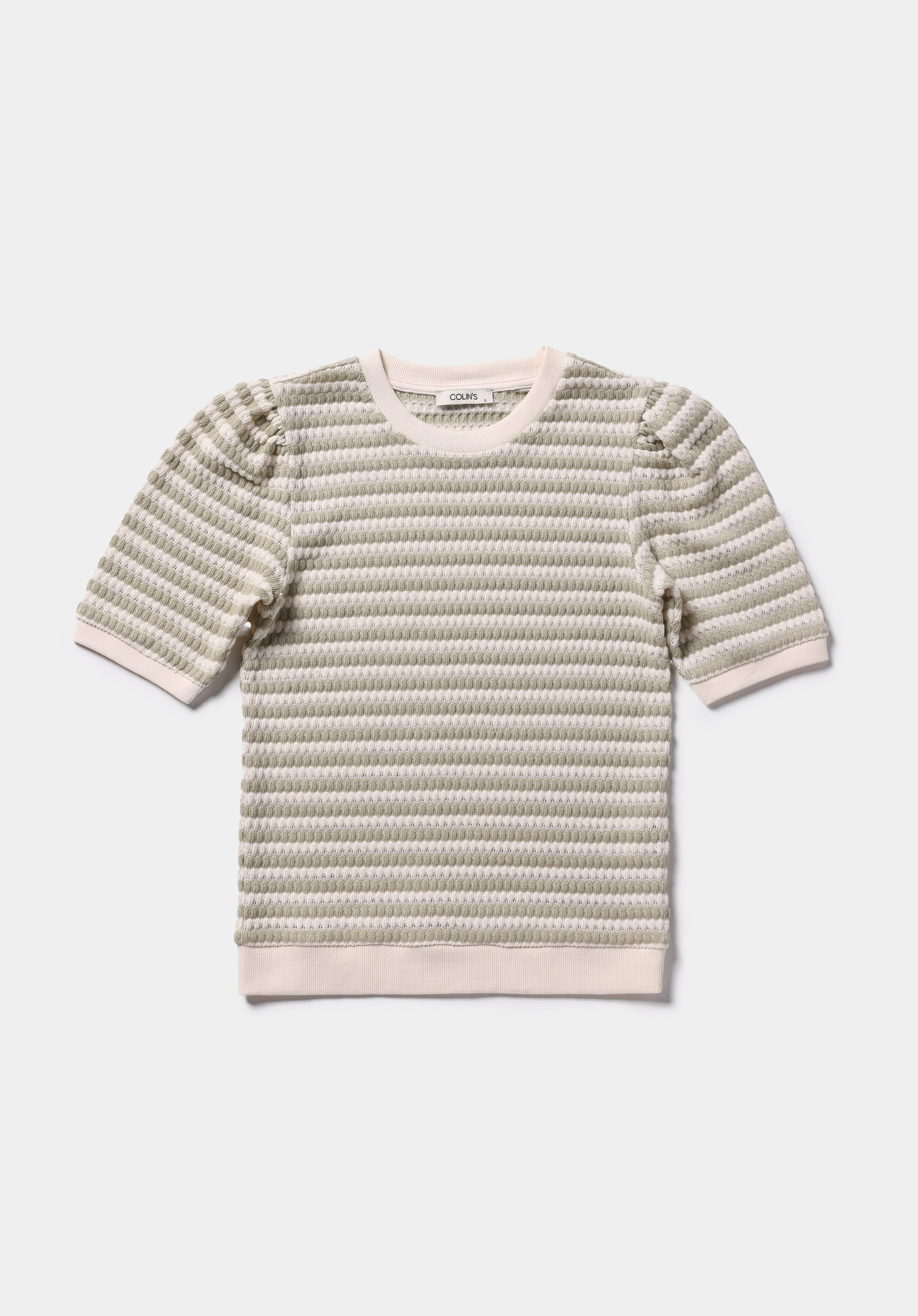 Slim Fit Yuvarlak Yaka Çizgili Kadın Yeşil Kısa Kol Tişört