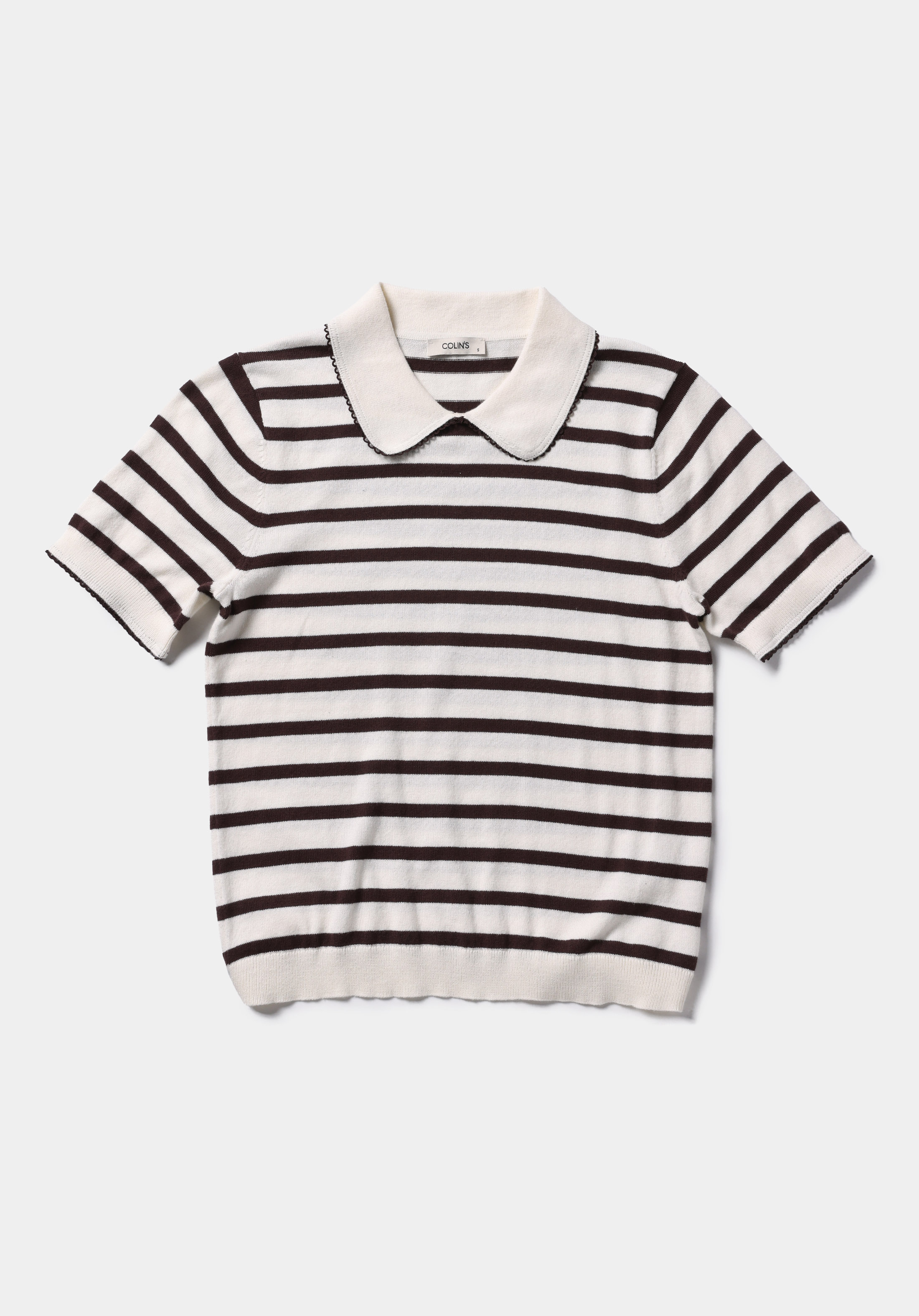 Slim Fit Polo Yaka Çizgili Kadın Kahverengi Kısa Kol Kazak