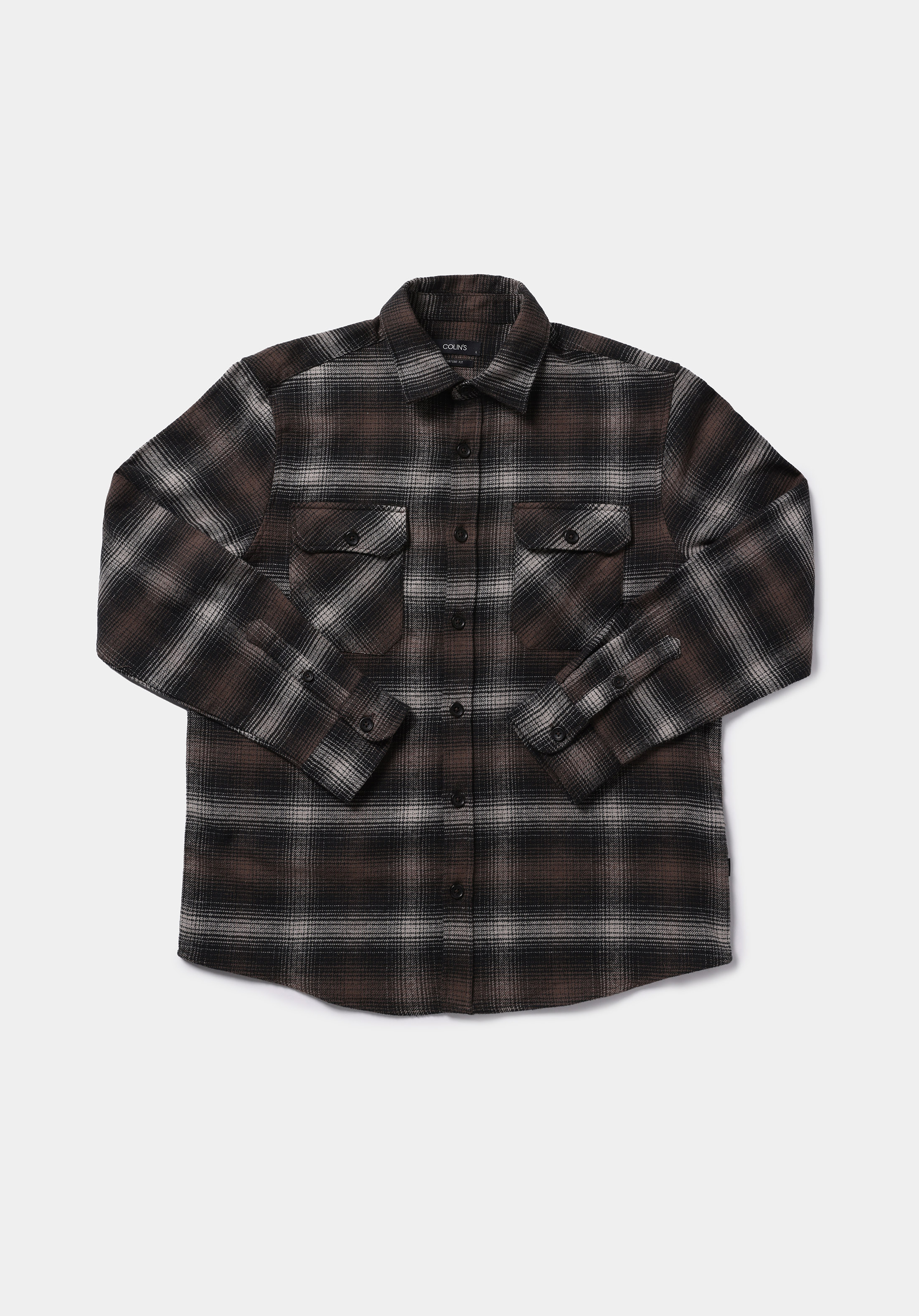 Comfort Fit Shirt Neck Ekoseli Erkek Kahverengi Uzun Kol Gömlek