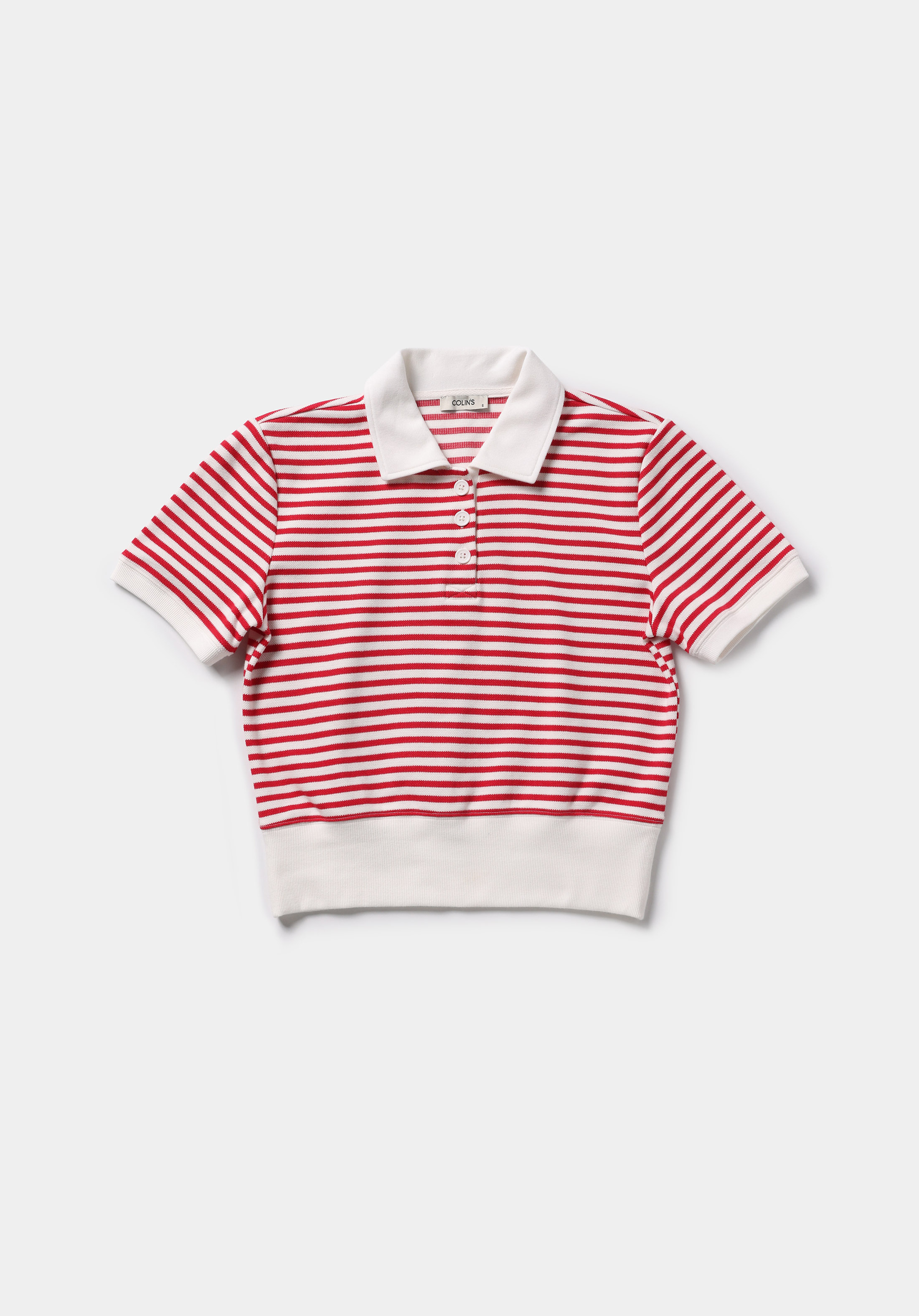 Slim Fit Polo Yaka Çizgili Kadın Kirmizi Kısa Kol Tişört