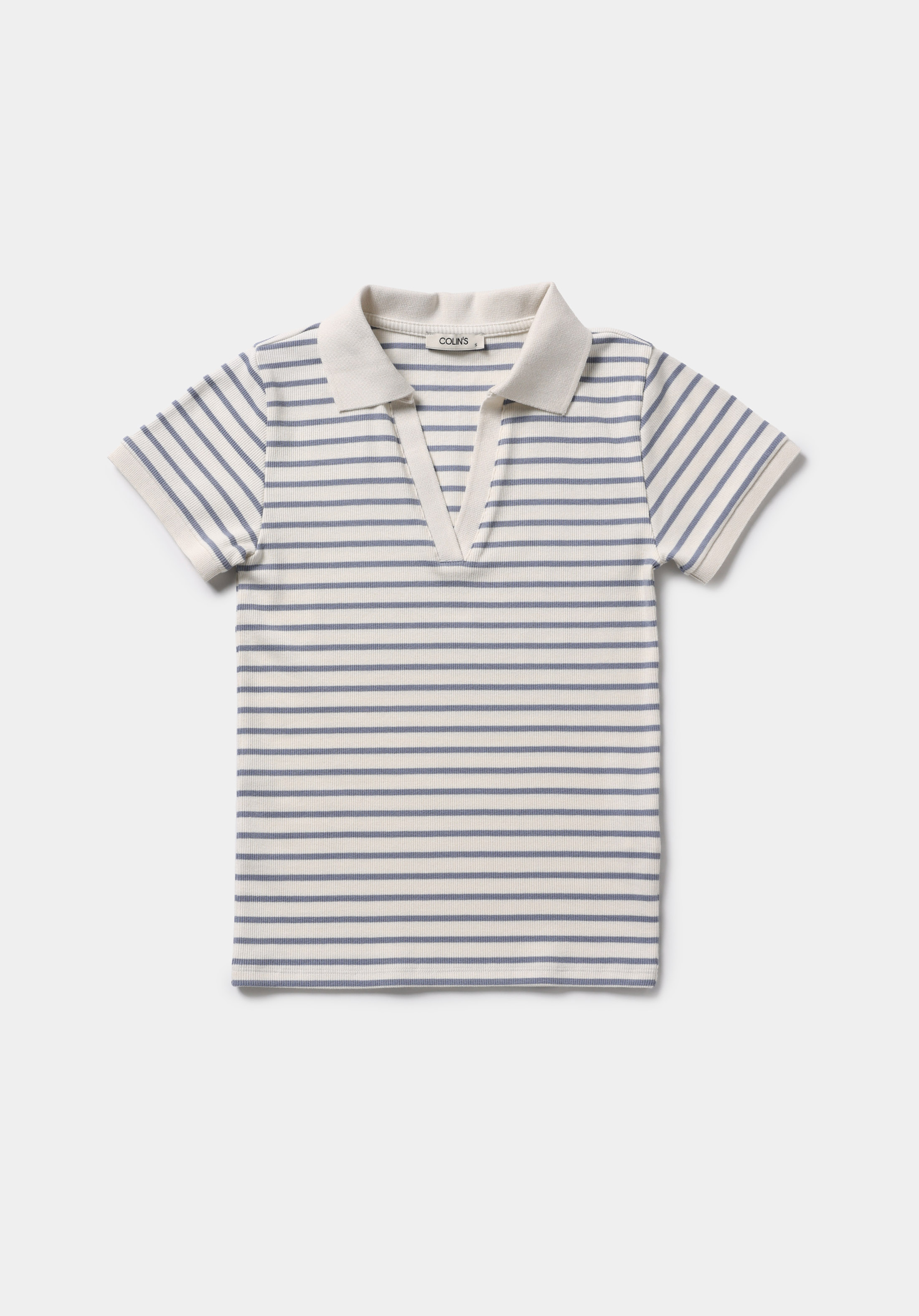 Slim Fit Polo Yaka Çizgili Kadın Mavi Kısa Kol Tişört