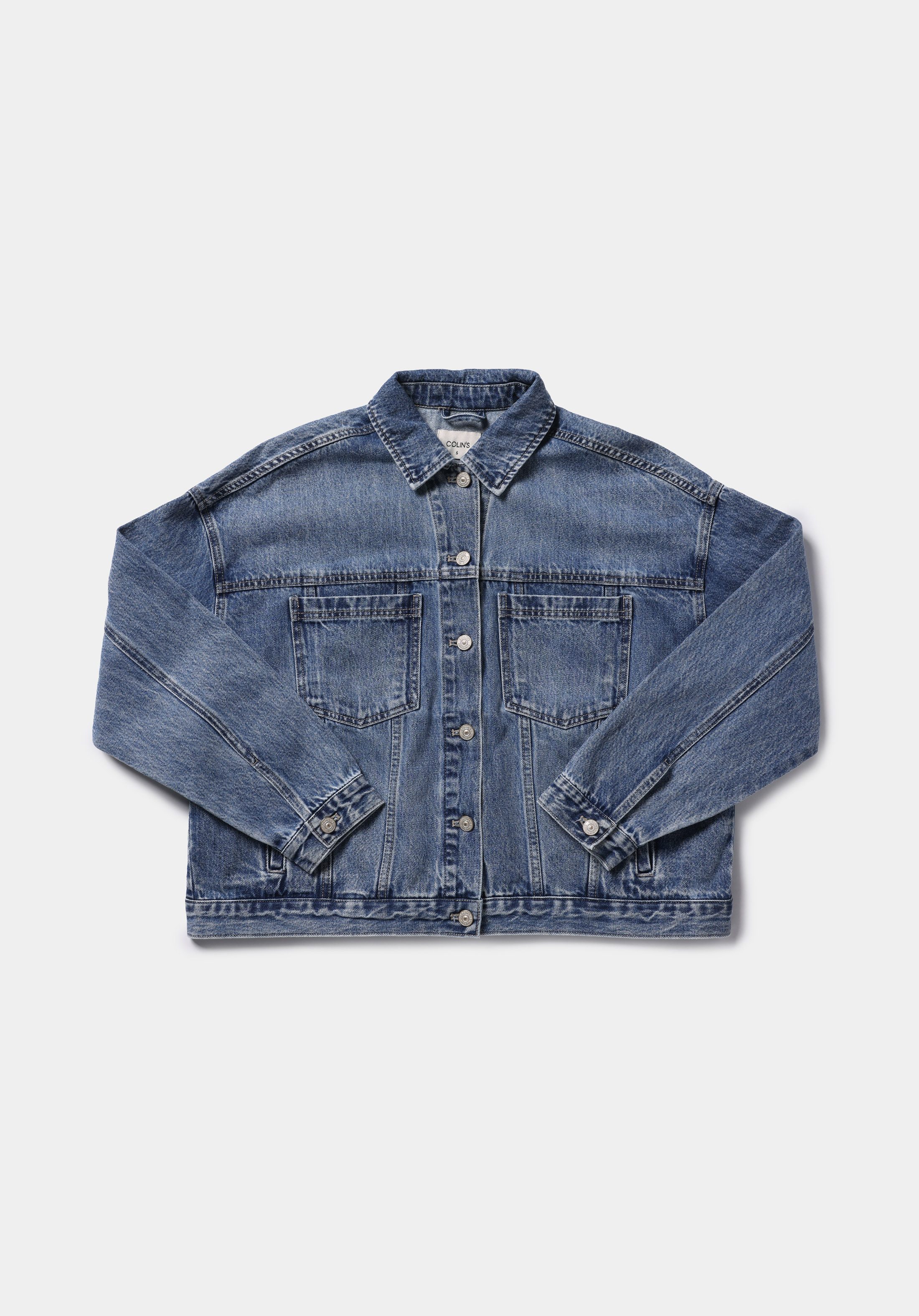 Oversize Fit Düğmeli Astarsız  Kadın Light İndigo Denim Ceket