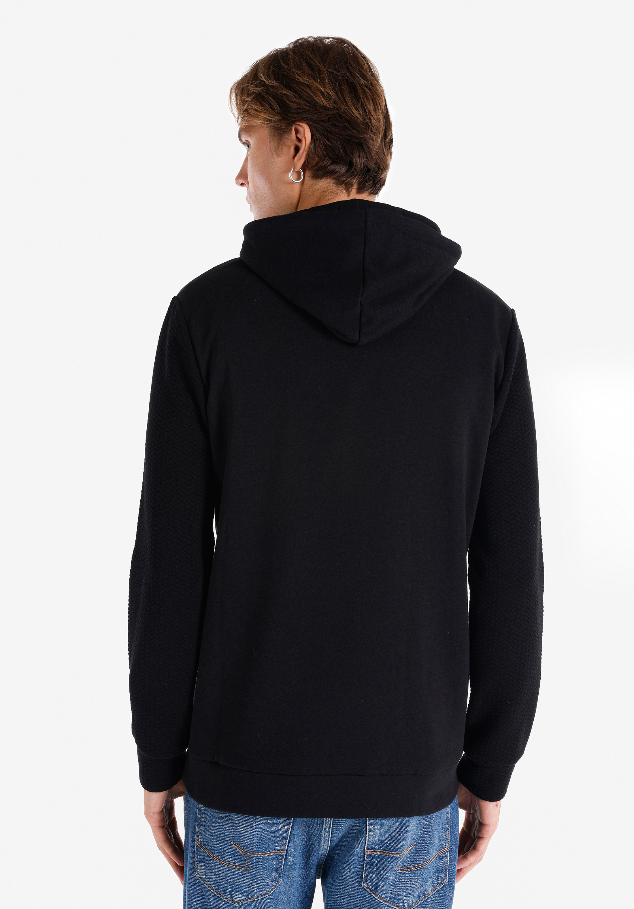 Regular Fit Kapüşonlu Düz Erkek Siyah Uzun Kol Tişört