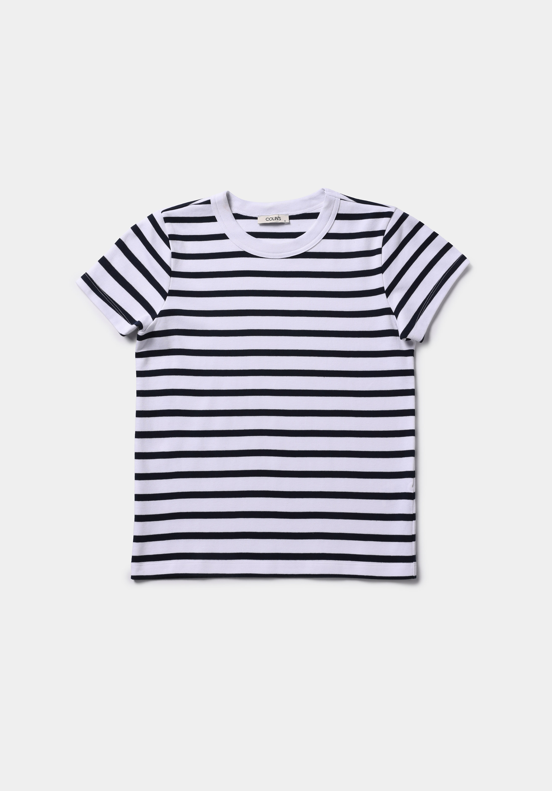 Slim Fit Yuvarlak Yaka Çizgili Kadın Lacivert Kısa Kol Tişört