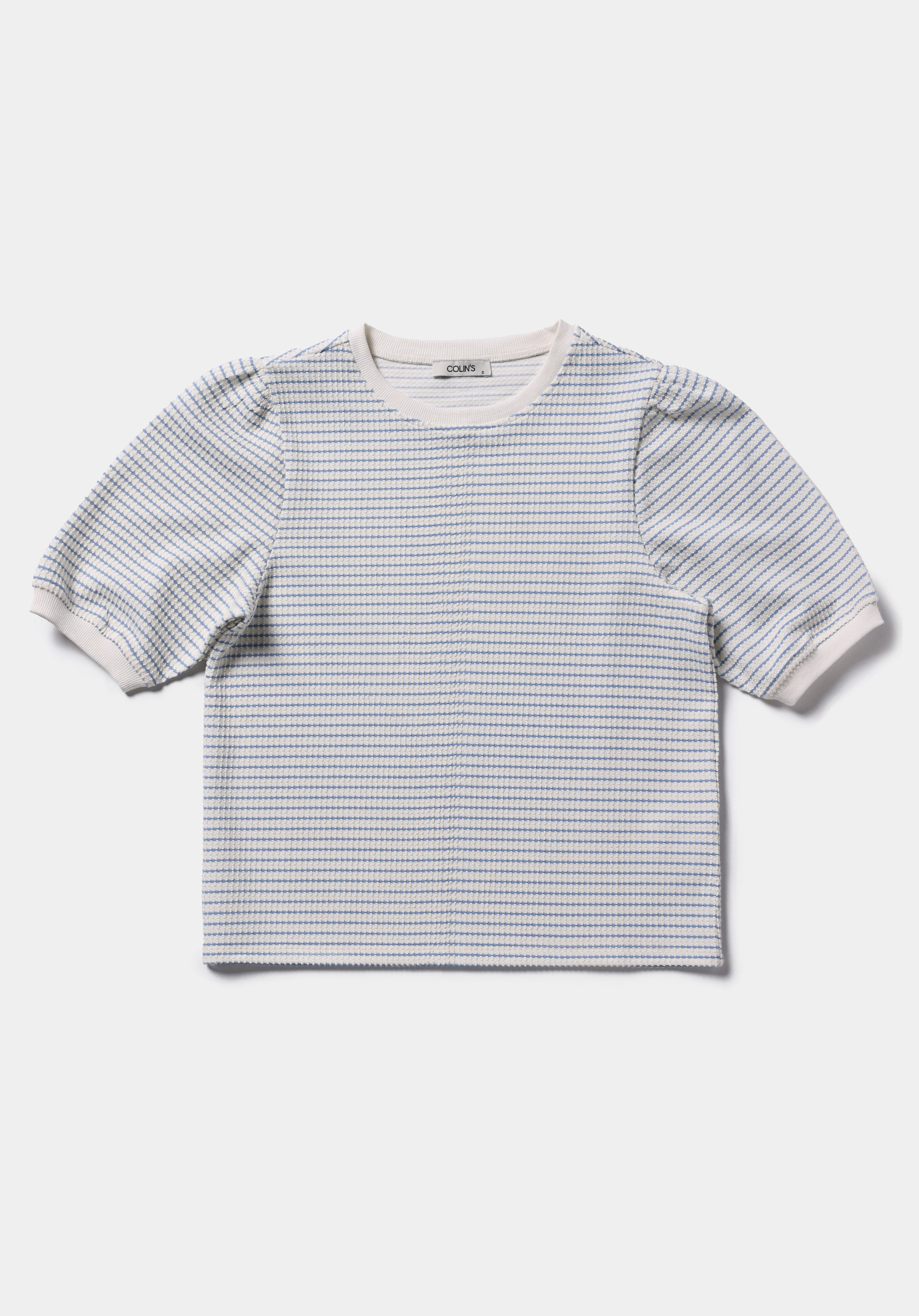 Slim Fit Yuvarlak Yaka Çizgili Kadın Mavi Kısa Kol Tişört