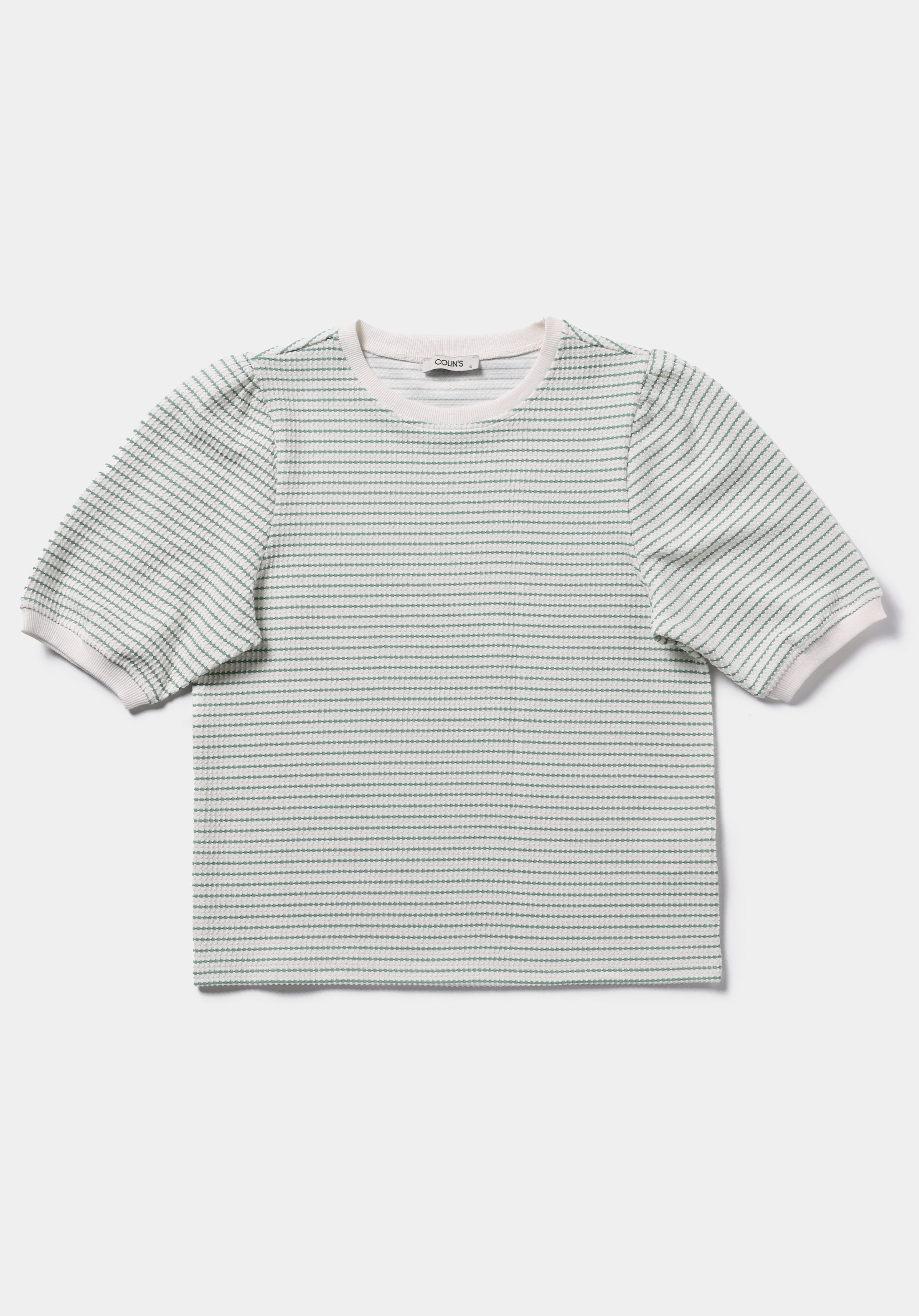 Slim Fit Yuvarlak Yaka Çizgili Kadın Yeşil Kısa Kol Tişört