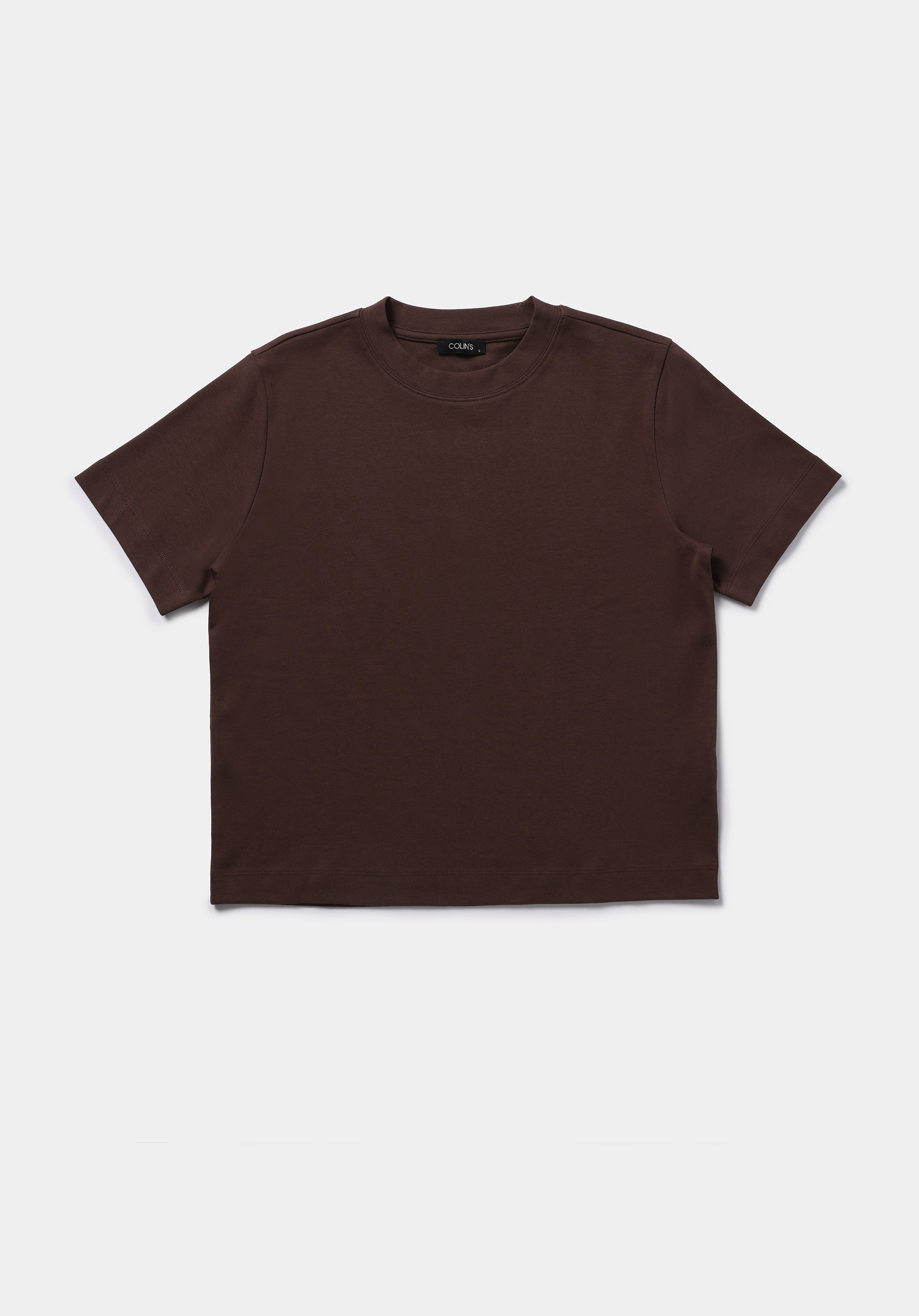 Boxy Fit Yuvarlak Yaka Düz Kadın Kahverengi Kısa Kol Tişört