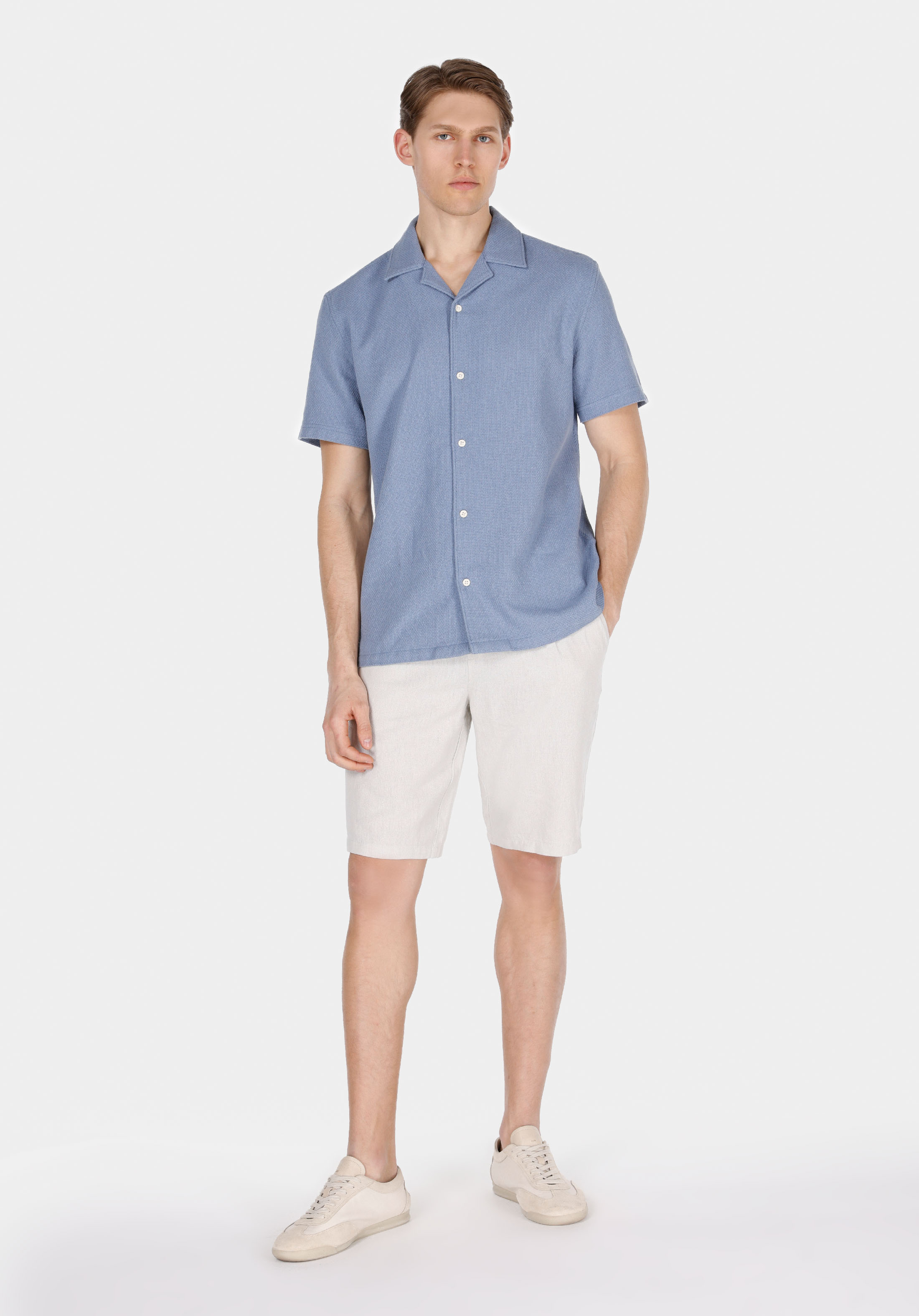 Regular Fit Shirt Neck Düz Erkek Mavi Kısa Kol Gömlek