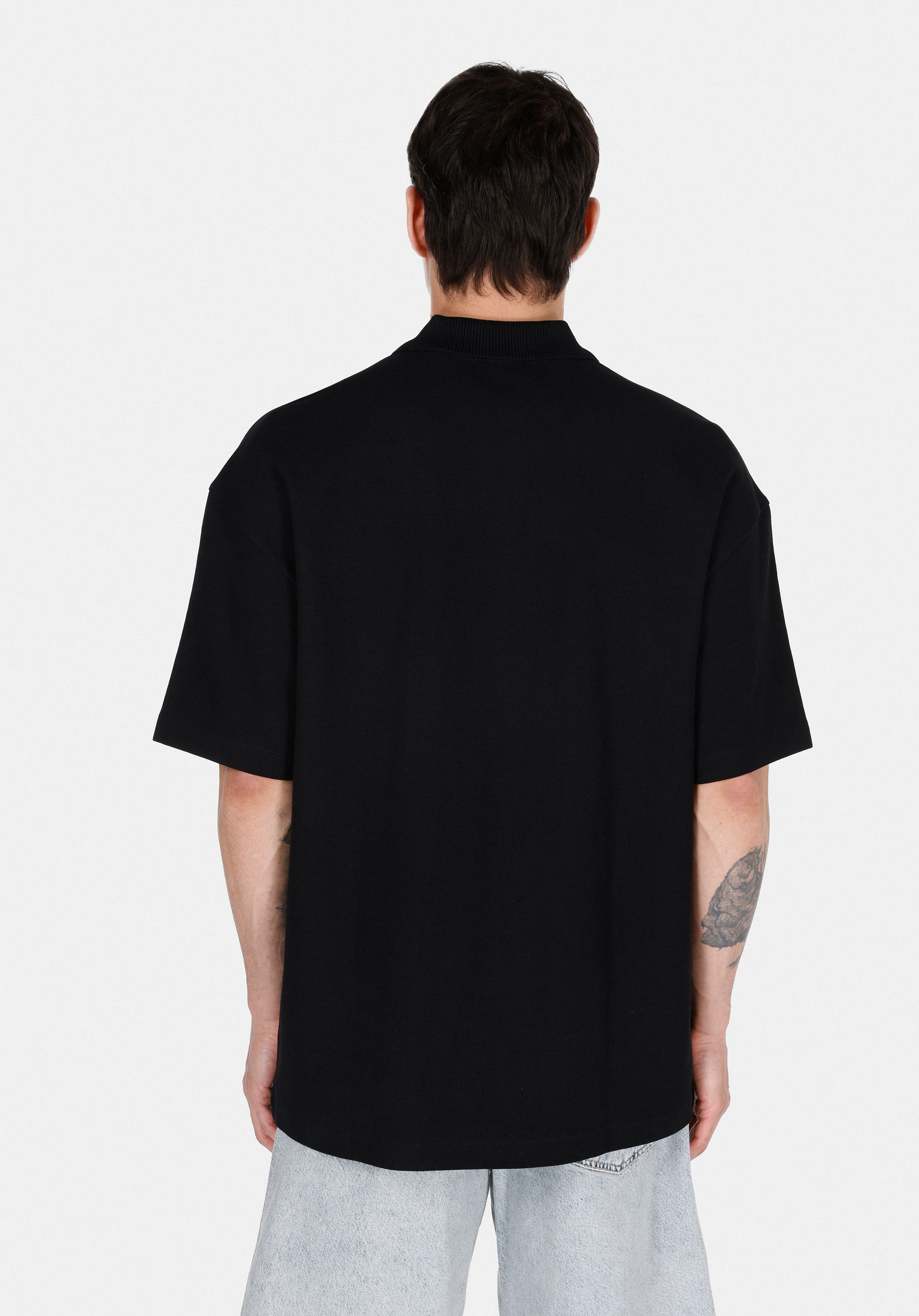 Oversize Fit Polo Yaka Düz Erkek Siyah Kısa Kol Tişört