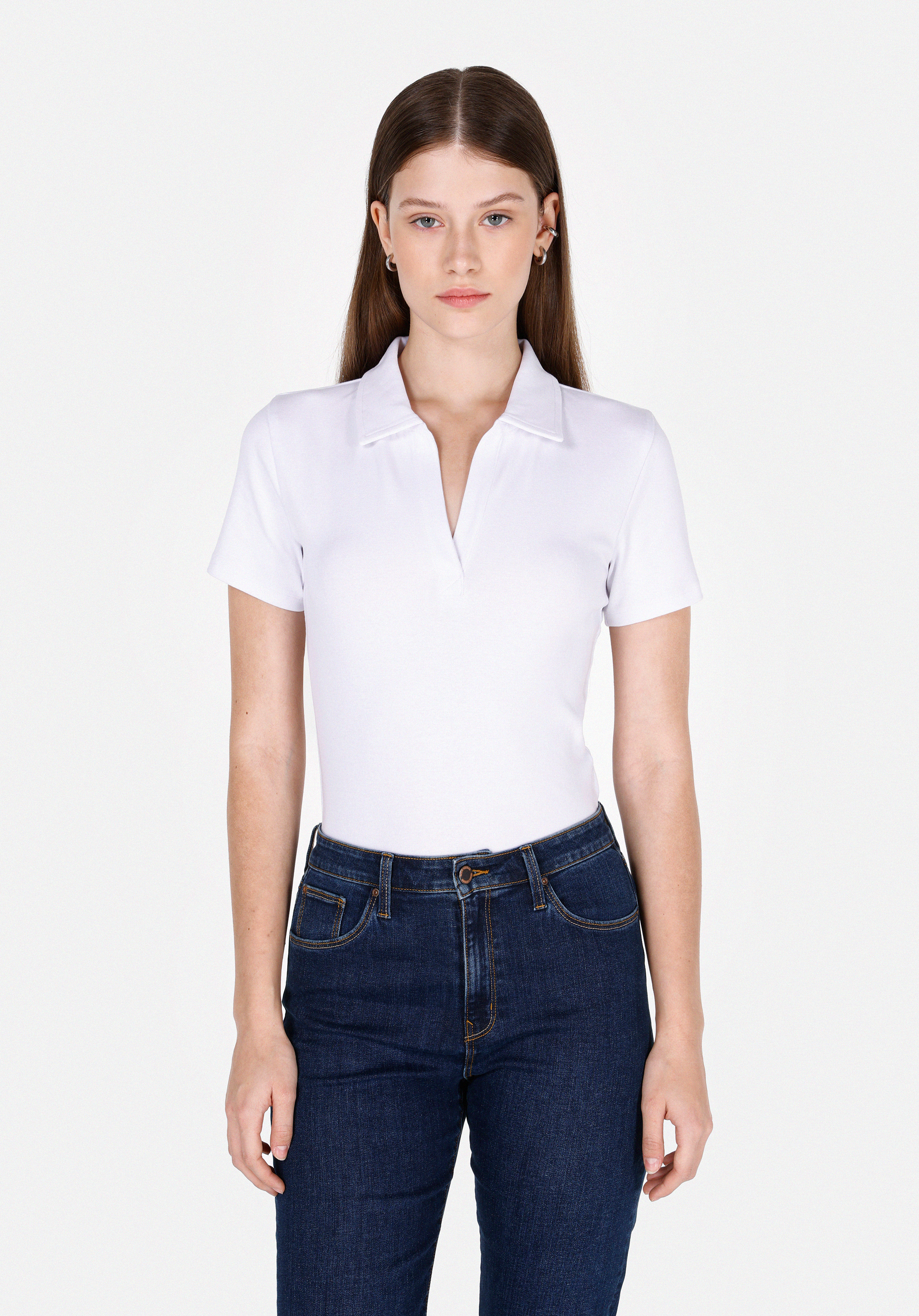 Slim Fit Polo Yaka Düz Kadın Beyaz Kısa Kol Tişört