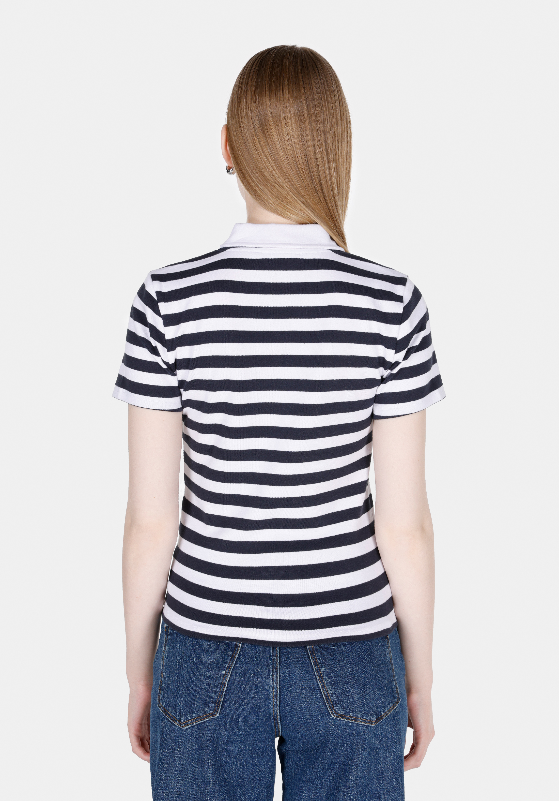 Slim Fit Polo Yaka Çizgili Kadın Beyaz Kısa Kol Tişört