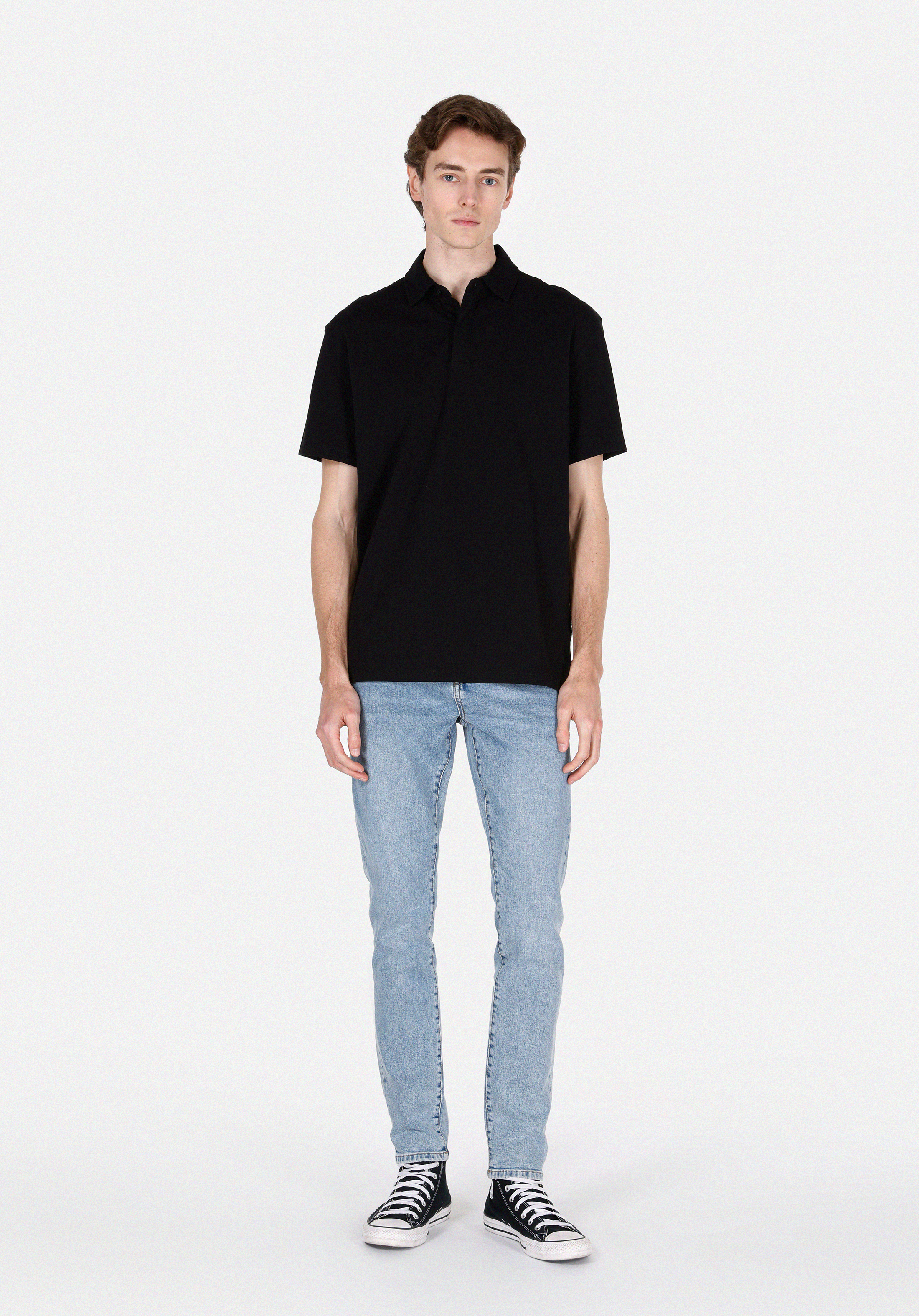 Comfort Fit Polo Yaka Düz Erkek Siyah Kısa Kol Tişört