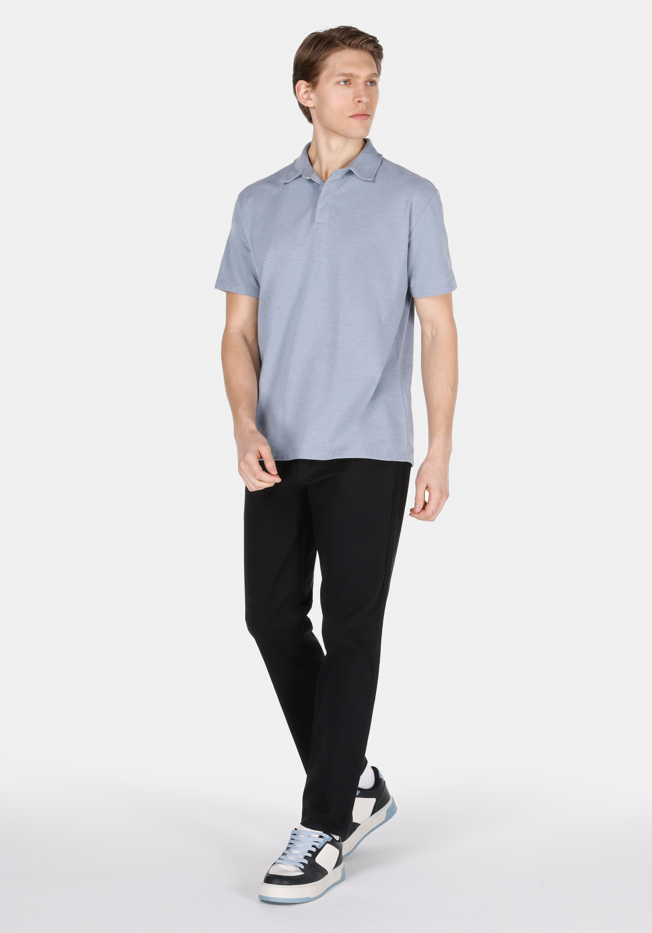 Comfort Fit Polo Yaka Düz Erkek Mavi Kısa Kol Tişört