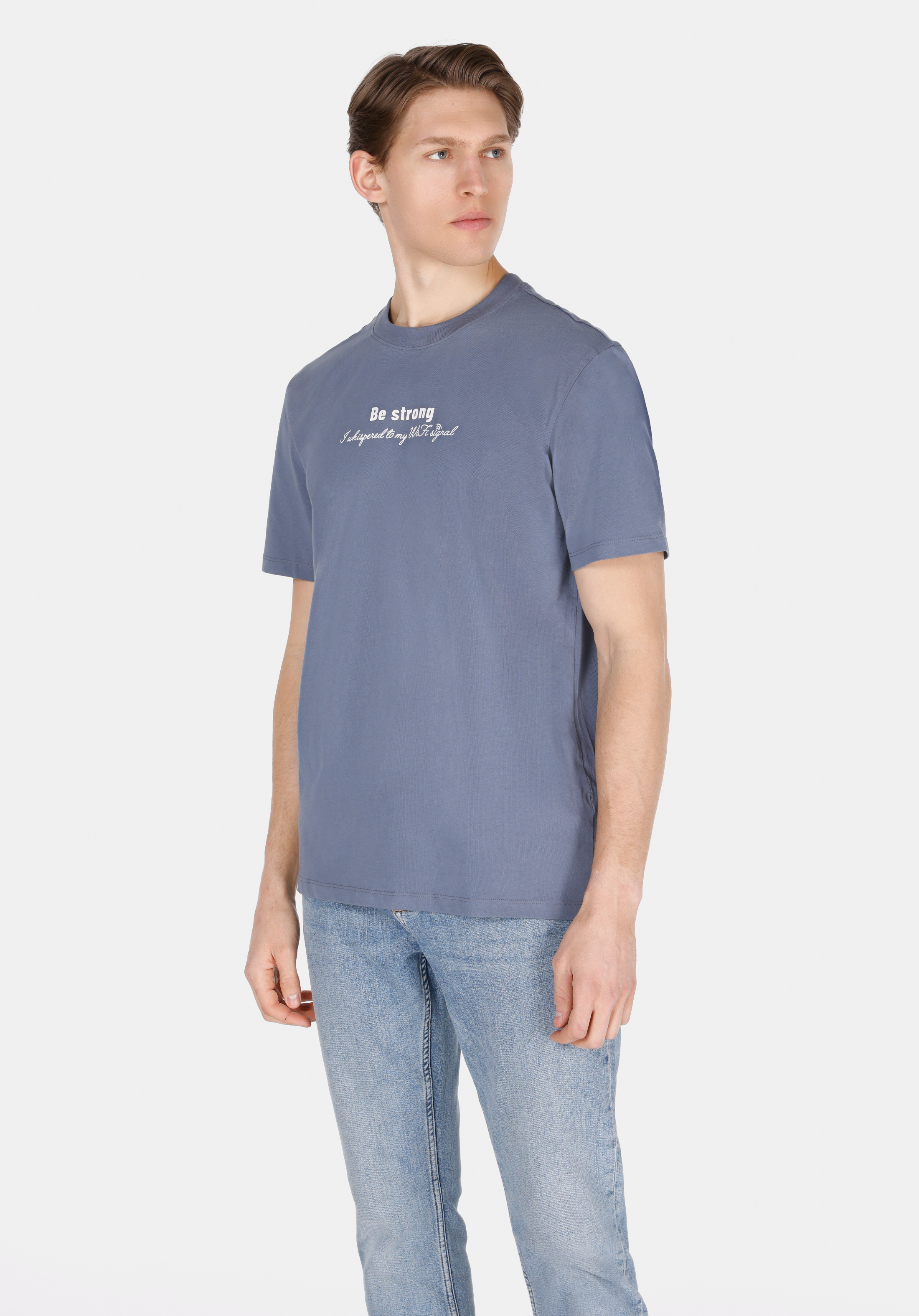 Comfort Fit Yuvarlak Yaka Düz Erkek Mavi Kısa Kol Tişört