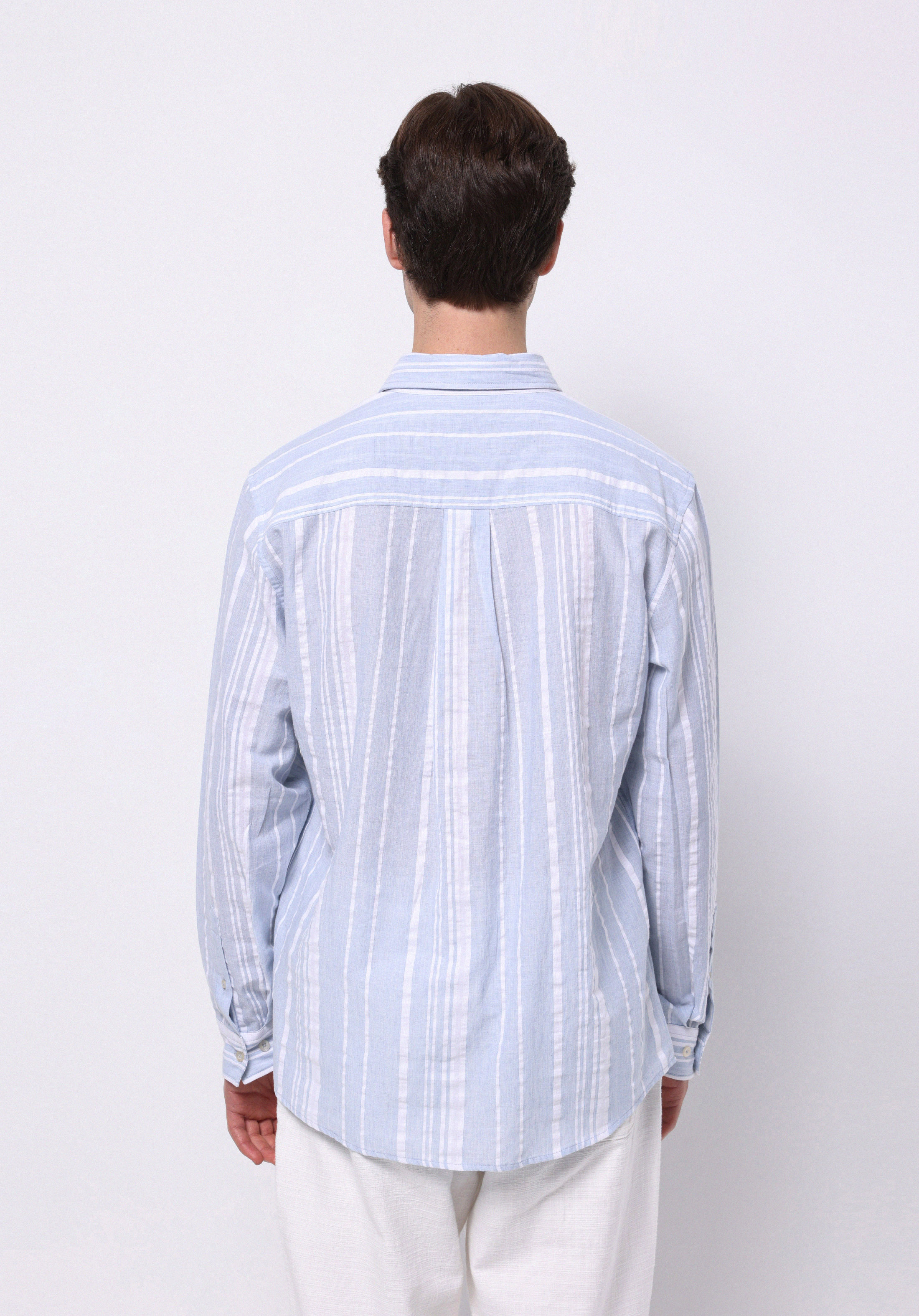 Regular Fit Shirt Neck Çizgili Erkek Açik Mavi Uzun Kol Gömlek