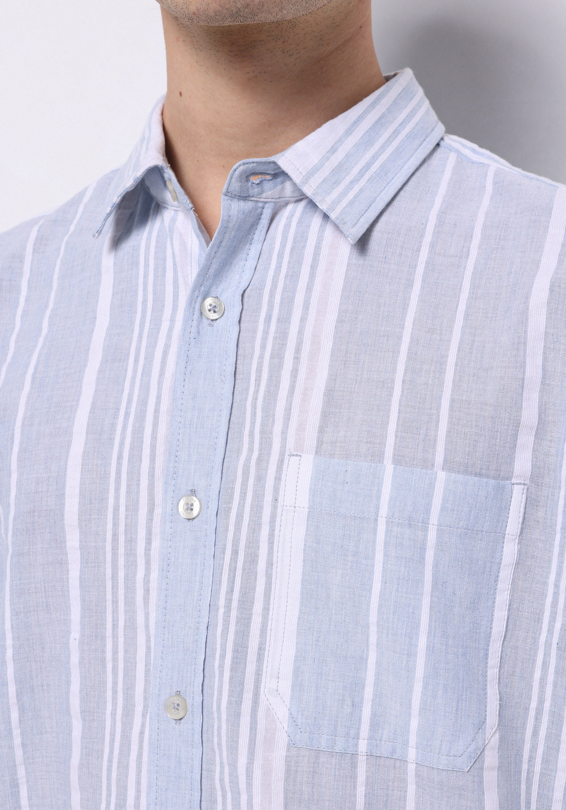 Regular Fit Shirt Neck Çizgili Erkek Açik Mavi Uzun Kol Gömlek