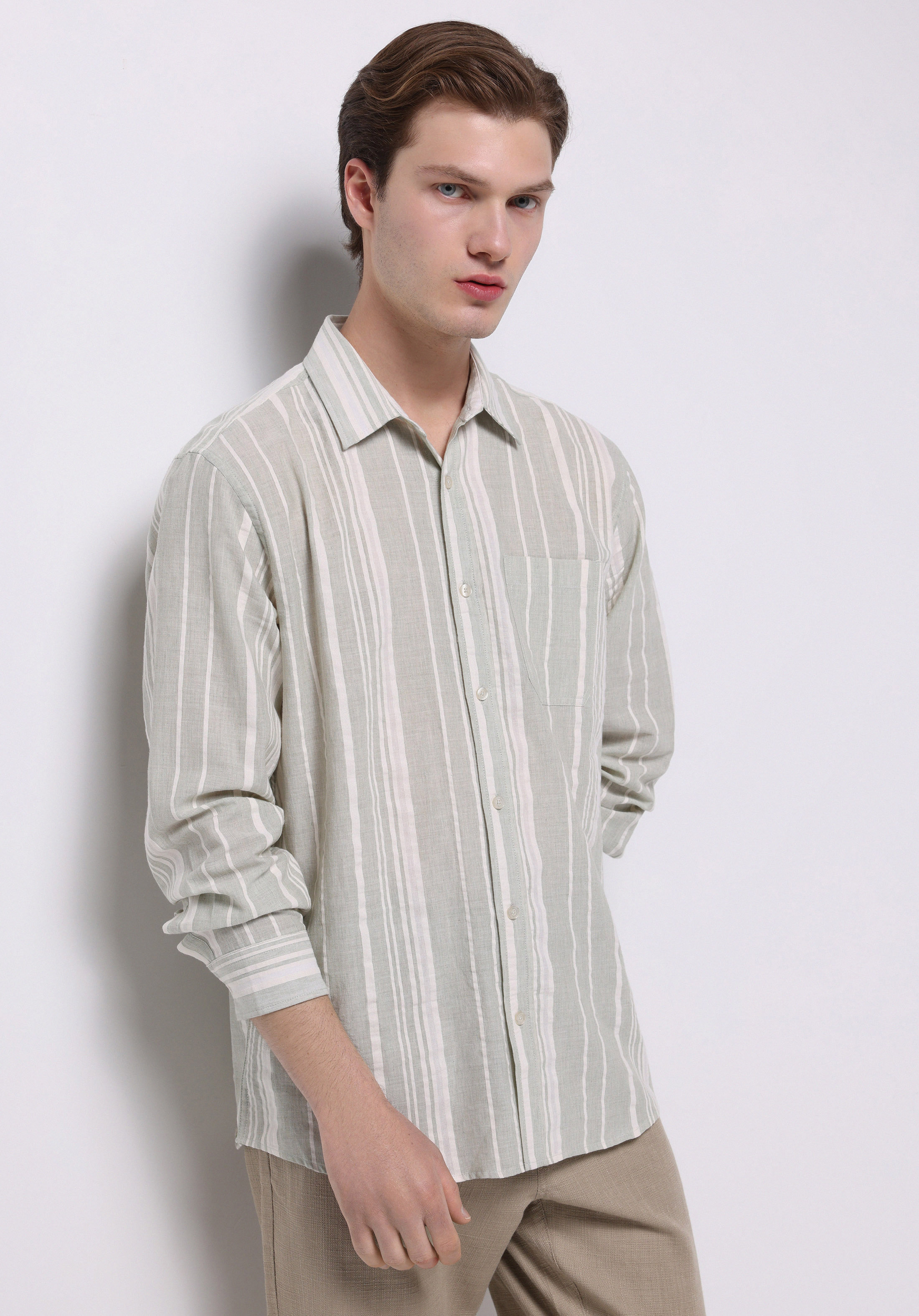 Regular Fit Shirt Neck Çizgili Erkek Yeşil Uzun Kol Gömlek