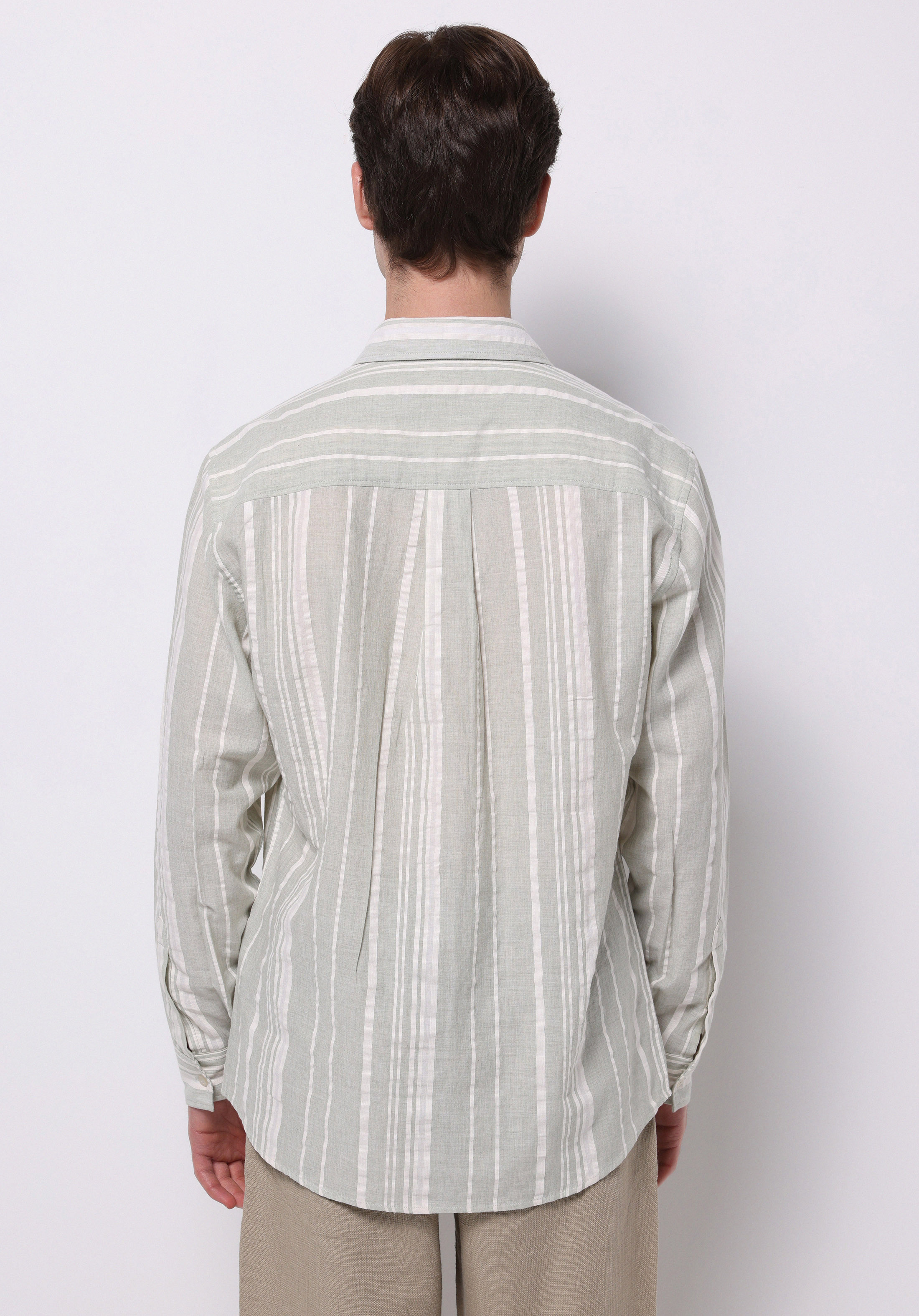 Regular Fit Shirt Neck Çizgili Erkek Yeşil Uzun Kol Gömlek