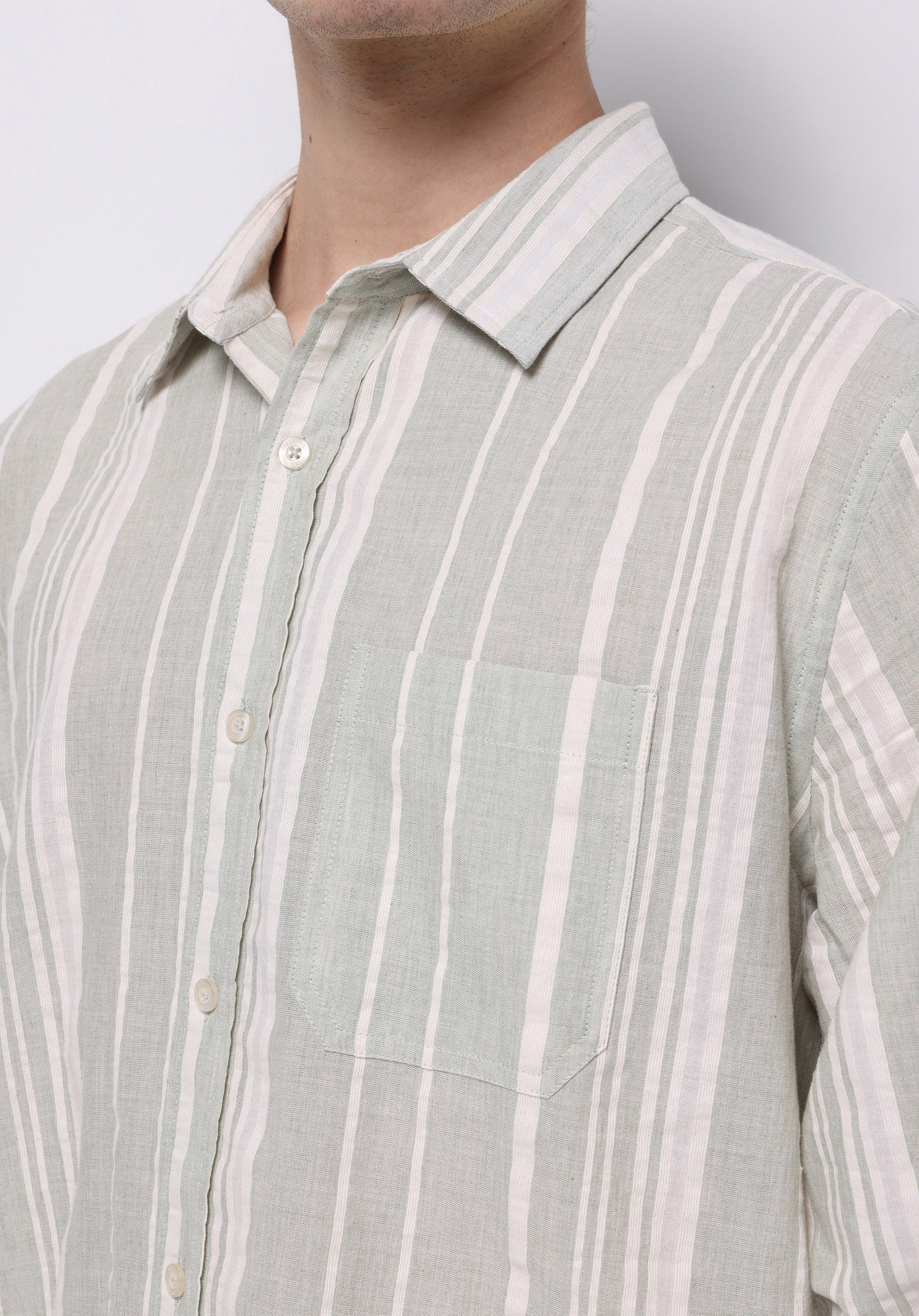 Regular Fit Shirt Neck Çizgili Erkek Yeşil Uzun Kol Gömlek