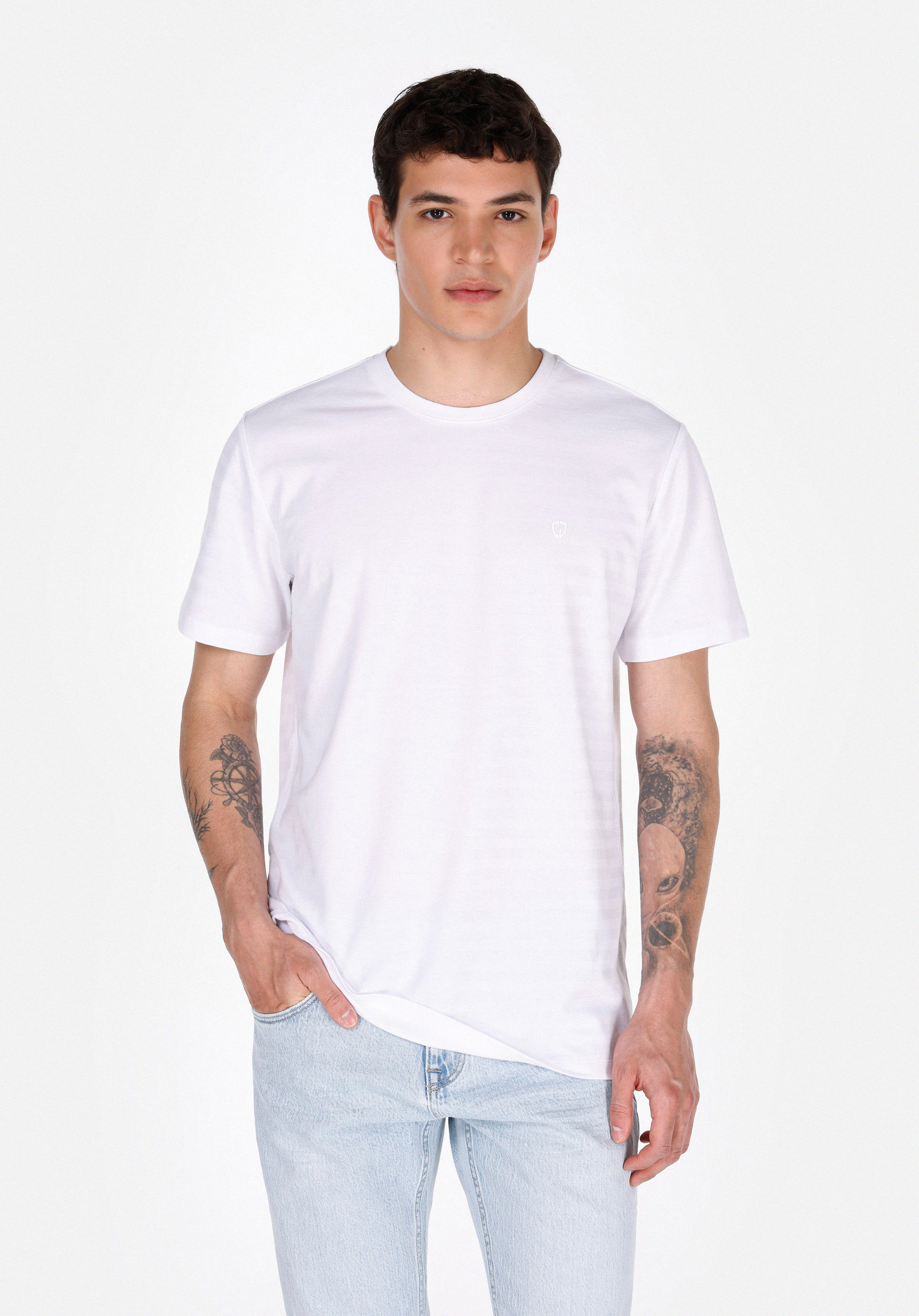 Regular Fit Yuvarlak Yaka Jakarlı Erkek Beyaz Kısa Kol Tişört