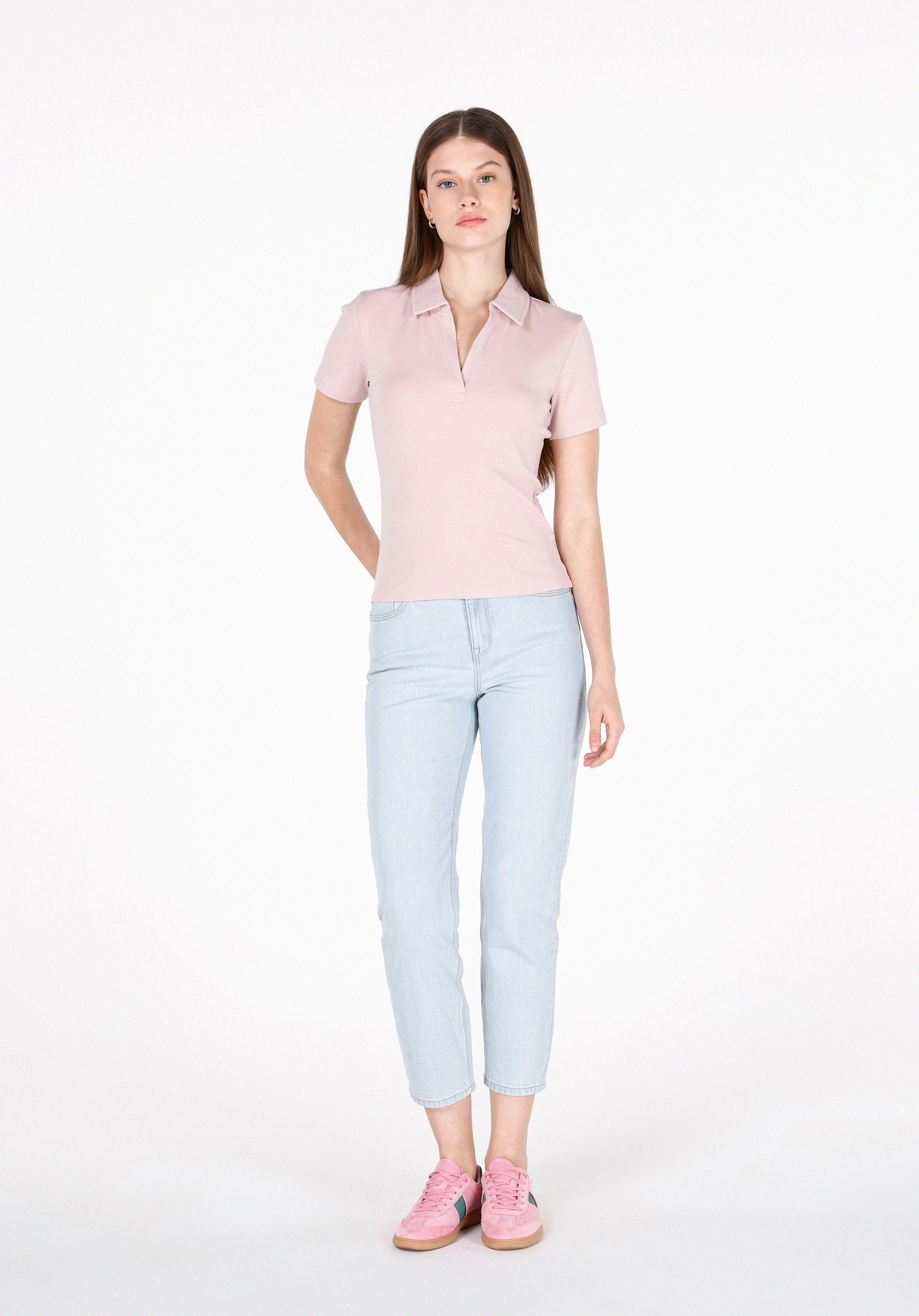 Slim Fit Polo Yaka Düz Kadın Pembe Kısa Kol Tişört